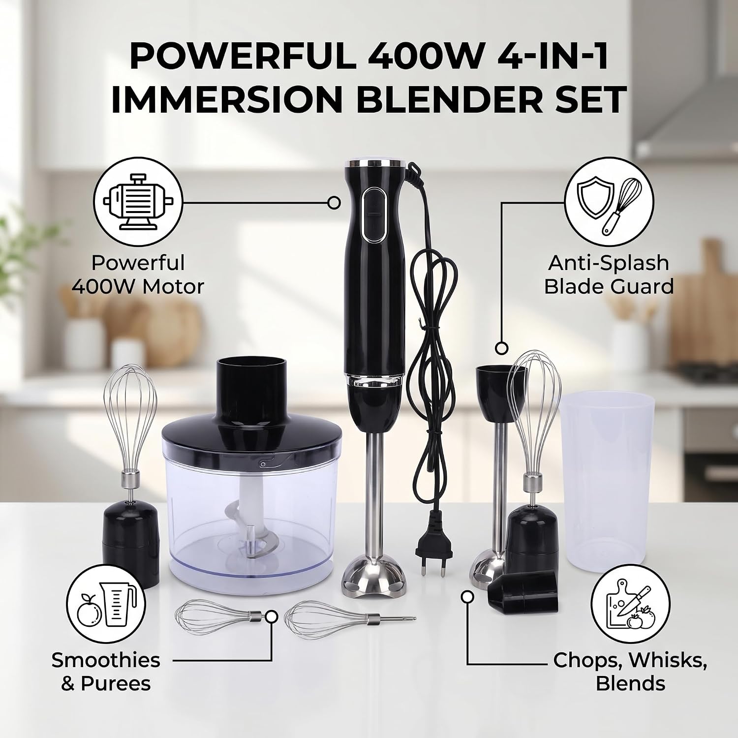 Tnfeeon Immersion Blender, 4 in 1 Kitchen Appliances, Stainless Steel, 400 W, Powerful Handheld Portable Blender for Soup, Smoothie, Puree, Milk Frother, Whisk, (EU Plug) image 3