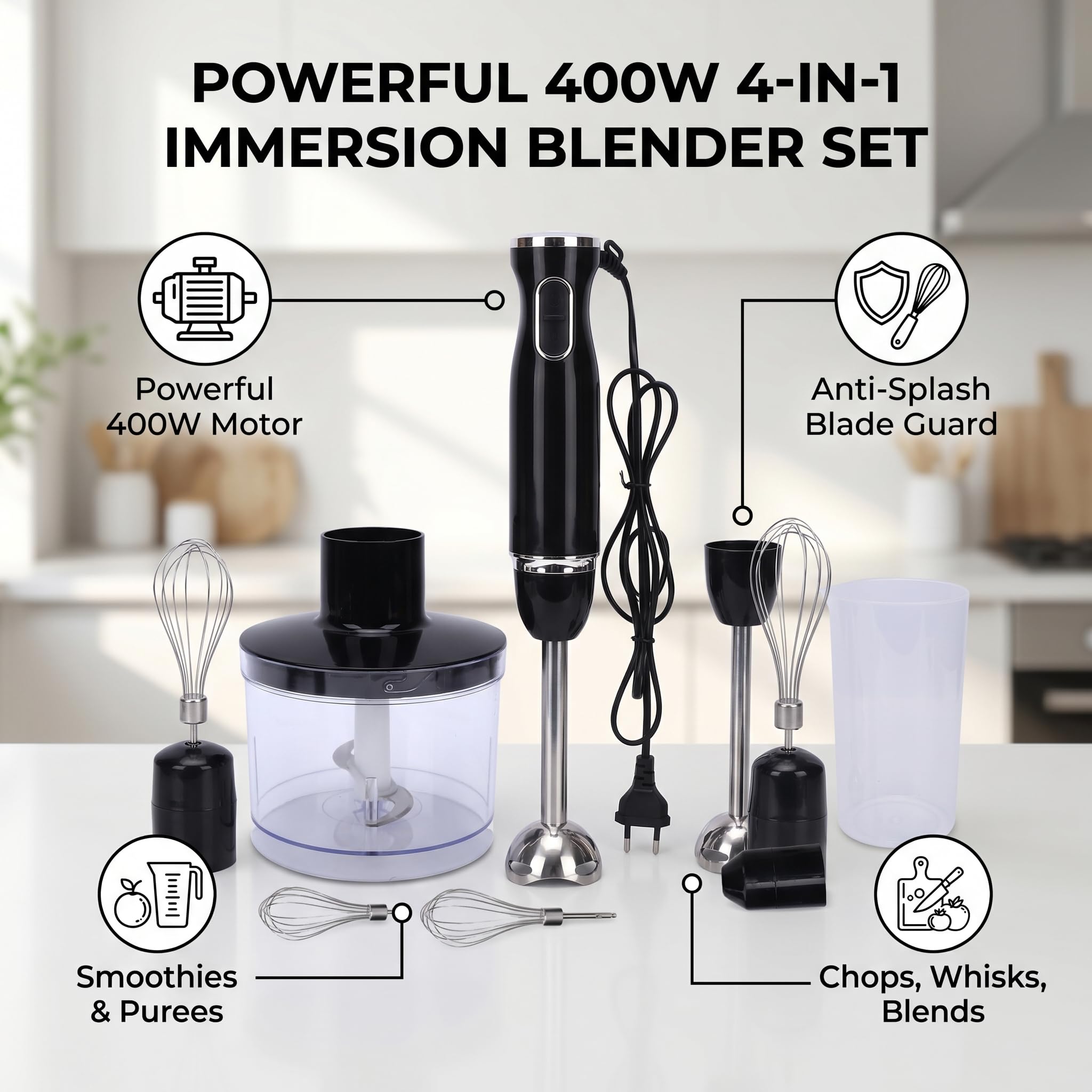 Tnfeeon Blender Zanurzeniowy, Sprzęt Kuchenny 4 w 1 ze Stali Nierdzewnej, Mocny, Ręczny, Przenośny Mikser w Sztyfcie, do Zup Smoothie, Puree, Spieniacz do Mleka, Trzepaczka, Zlewka, (wtyczka UE)