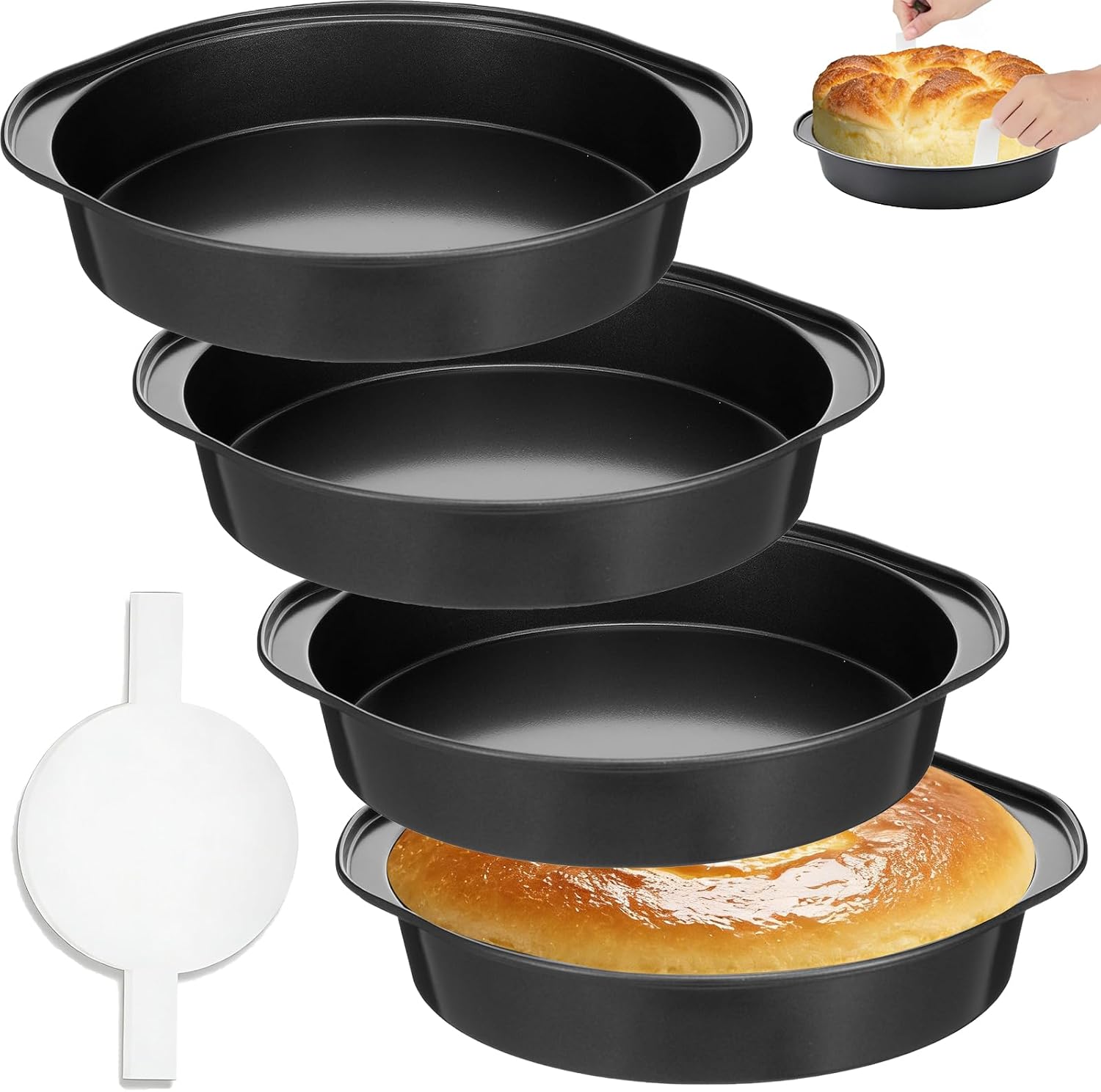 8 Inch Cake Pan Set - 4 Pack Nonstick Round Cake Pans with 100 PCS Pre-Cut Parchment Paper, Carbon Steel Baking Pans with Handle, Dishwasher Safe