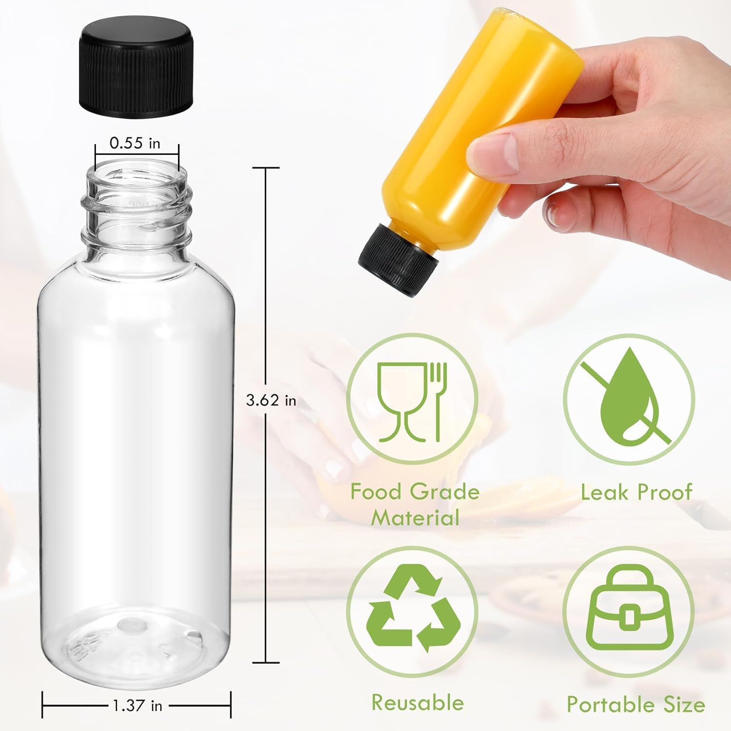 16 Pack 2 oz Shot Bottles with Caps, Mini Reusable Plastic Ginger Shots Bottle Leakproof Juice Shot Bottles with Lids for Juice, Oil and Liquid Samples, Small Containers for DIY, Travel - Image 3