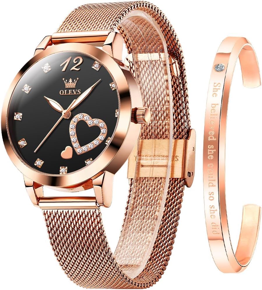 OLEVSOLEVS Ladies Watches Rose Gold Stainless Steel Mesh Strap Heart Diamond Fashion Dress Japanese Quartz Waterproof Luminous Bracelet Sets (Black)