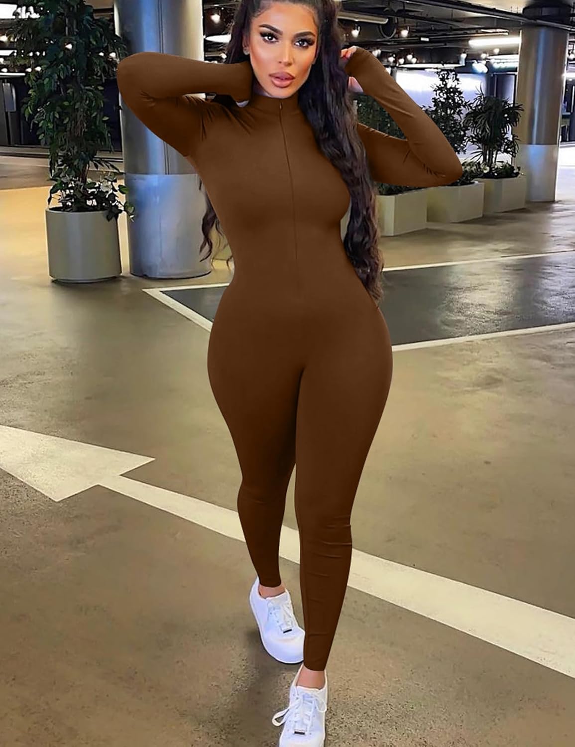 Mizoci Women's Sexy One Piece Jumpsuit Bodycon Long Sleeve V Neck Zipper Full Bodysuit - Image 3