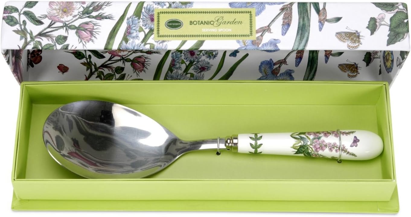 Portmeirion Botanic Garden 10" Serving Spoon, Foxglove Motif - Porcelain Handle & Stainless Steel, Chip-Resistant Glaze - Ideal Kitchen Tool for Cooking & Serving - Everyday Kitchen Tools