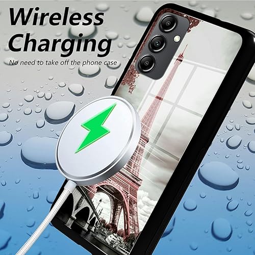 Miniatura 2 de Funda para teléfono Galaxy A14 5G para Samsung Galaxy A14 5G, vidrio templado, cubierta negra con diseño de torre Eiffel de París rosa para mujeres