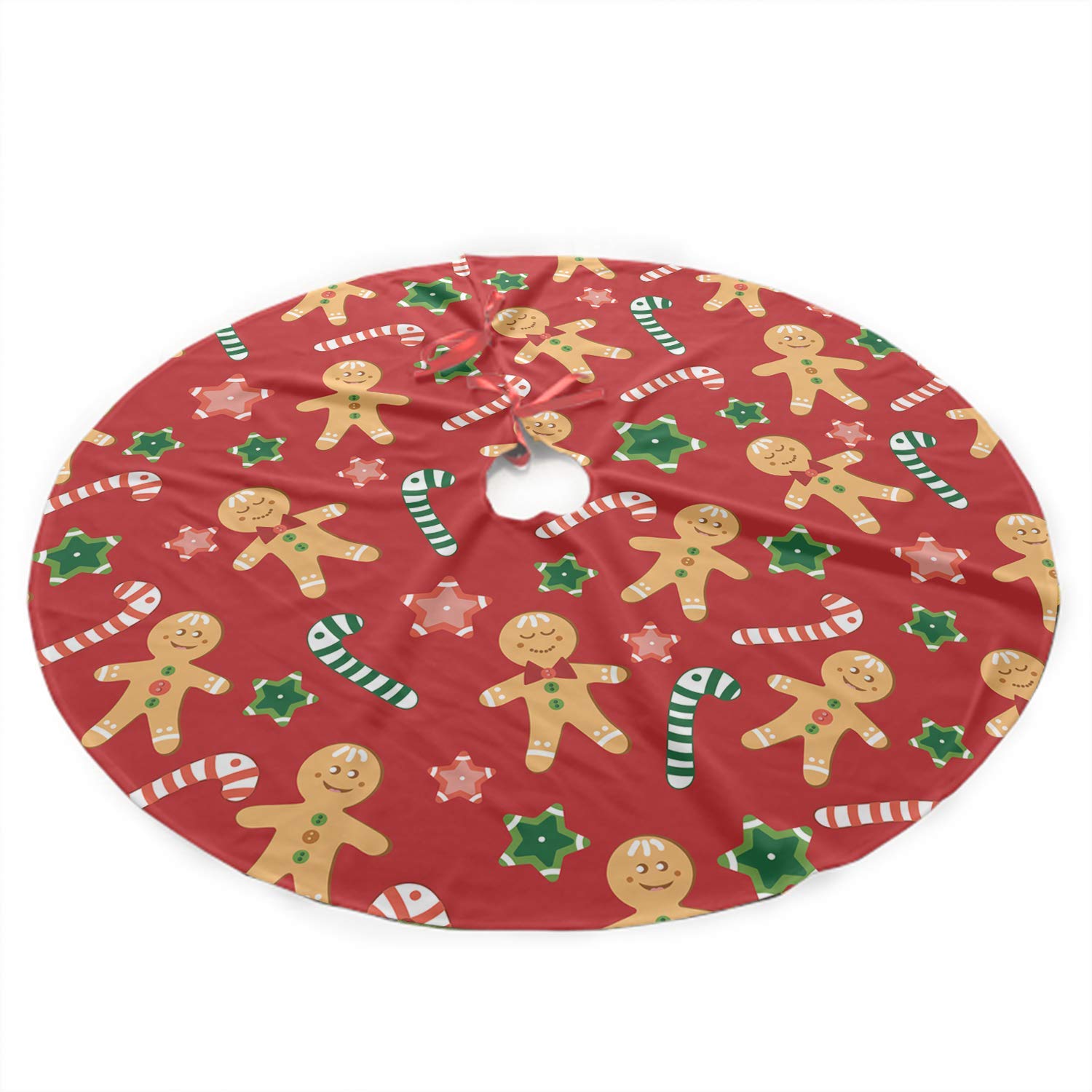 LANEABUY Cute Christmas Gingerbread Man Holiday Party Candy Tree Skirt Double Layers Thick Xmas Tree Mat Holiday Party Decorations Christmas Tree Skirt, 36 inches