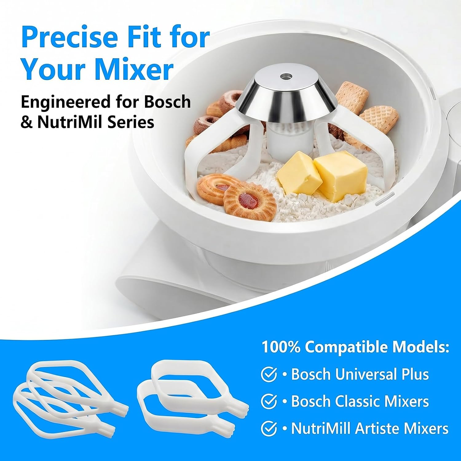 Cookie Paddles & Cake Paddles Set with Metal Whip Drive for Bosch Universal & NutriMill Artiste Mixers, Heavy Duty Beater Attachment for Baking Cookies, Cakes, Muffins, 5-Piece Replacement Kit