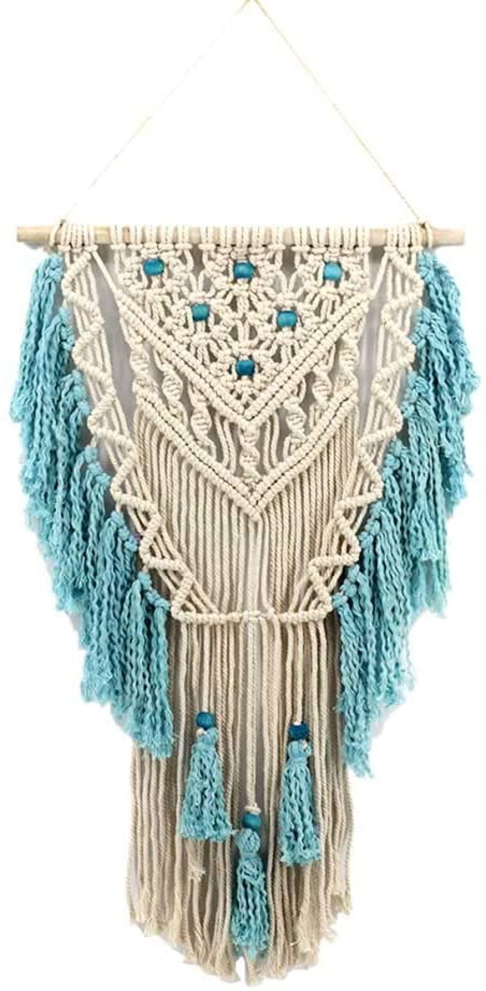Colgante de pared de macramé hecho a mano, arte de pared tejido, macramé, frontón azul