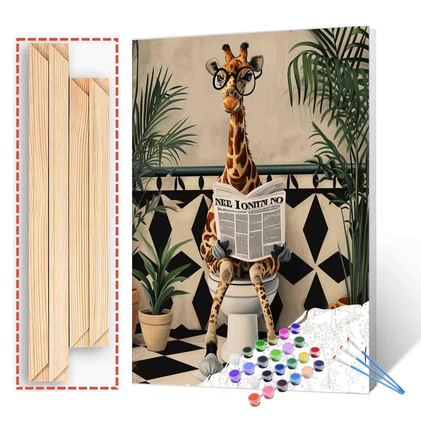 Tucocoo Dipingi per Numeri, Design: Carina Giraffa sul Wc, con Pennelli e Pigmenti Acrilici su Tela, Pittura per Adulti, Animali Divertenti, Immagine Nordica per Bagno per Decorazione della Casa