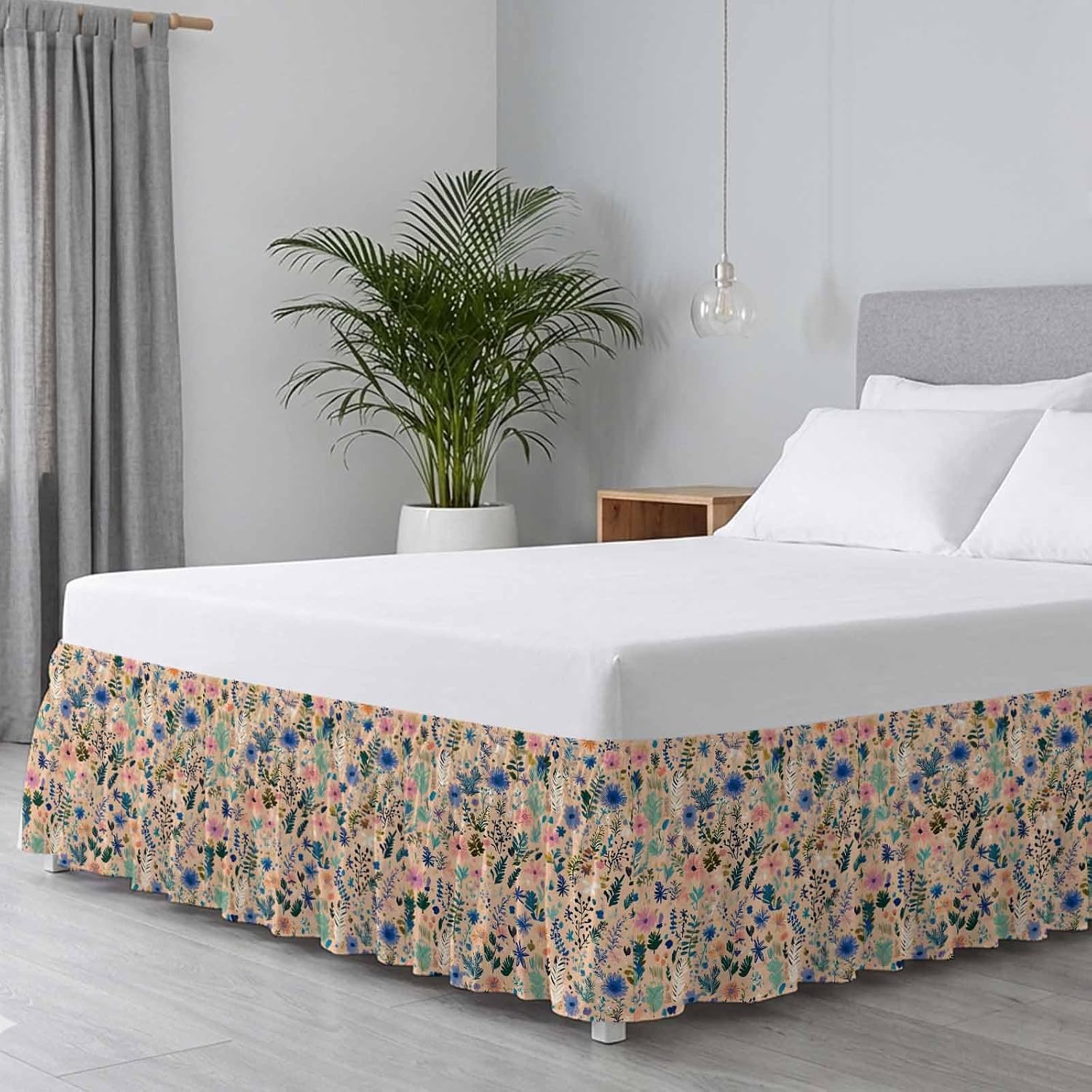 Colorful Spring Floral Bed Skirt Full/Queen Size Bed Skirting 16 Inch Drop Adjustable Elastic Dust Ruffles Wrap Around Bedskirt Pleated Farmhouse Summer Flowers Botanical Bedding Frame Cover for Dorm