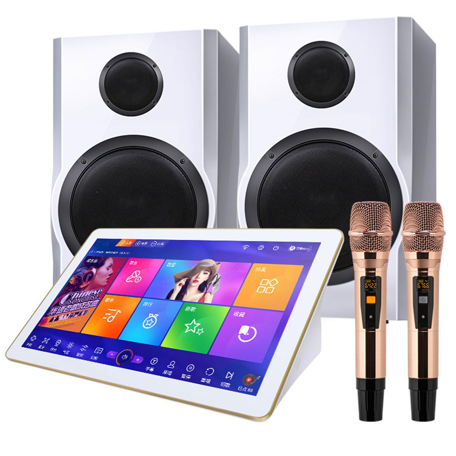 UWYTGF 18.5inch Karaoke System Set, Capacitive Touch Screen KTV Player with Wireless Microphone & 8 Inch Speaker, Built-in 500G Hard Drive, AI Intelligent Voice Control Song Function