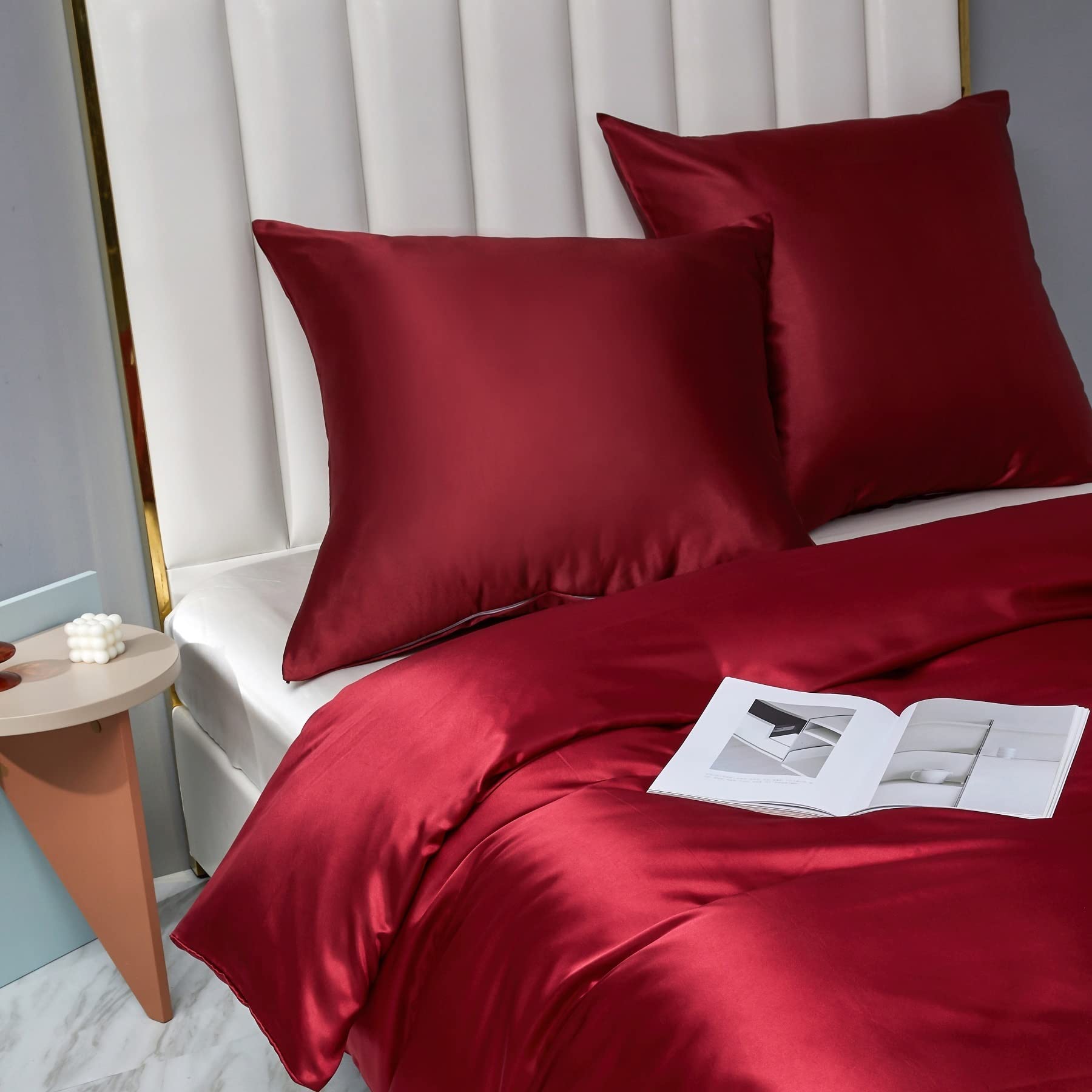 Luofanfei Parure da letto, 240 x 260 cm, colore: vino rosso, per adulti e 2 persone, tinta unita, set copripiumino in raso, set da letto moderno, tinta unita, con cerniera e 2 federe da 65 x 65 cm