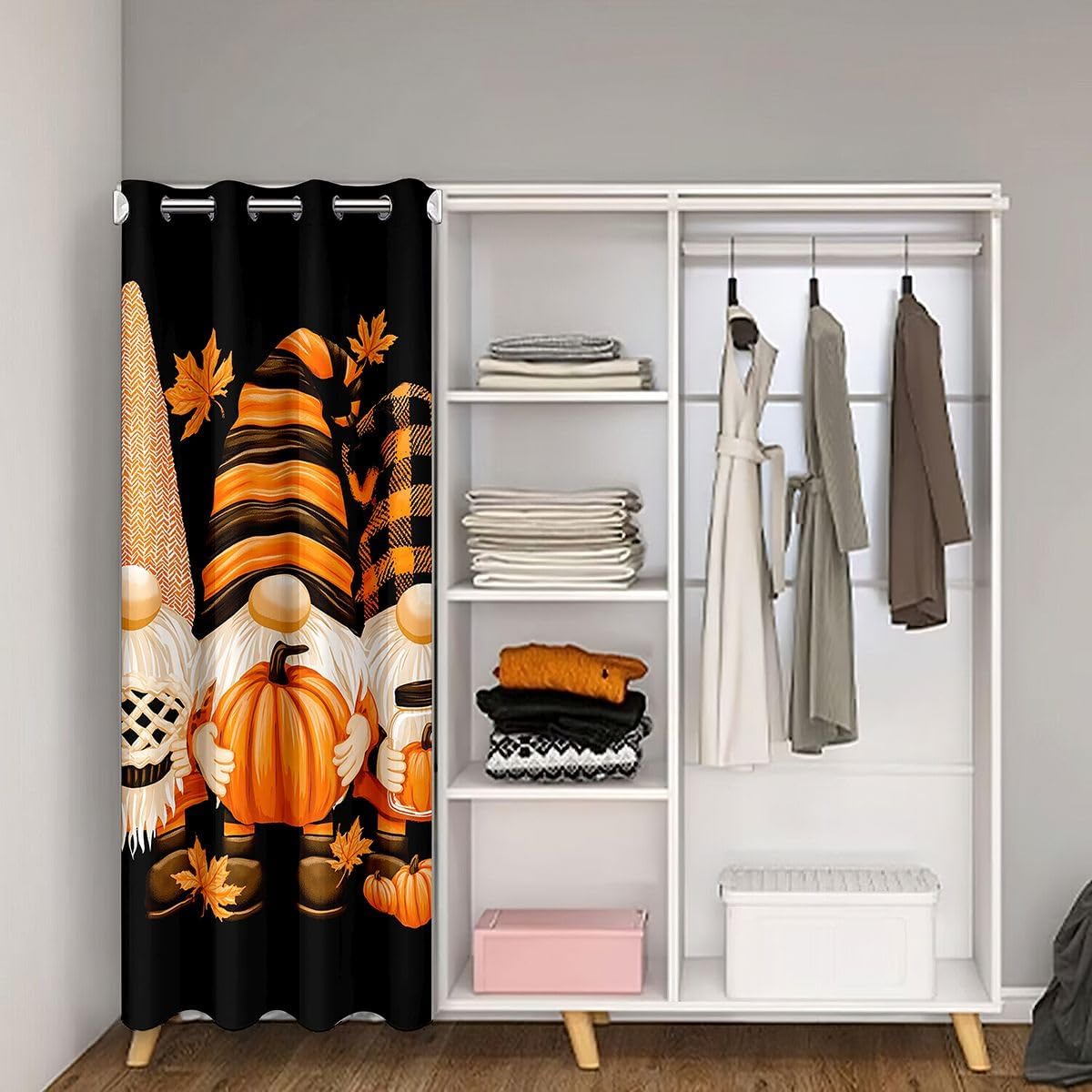 Castle Fairy Fall Gnome Door Curtain for Doorway Privacy Cute Thanksgiving Gnome Pumpkin Pie Sliding Closet Door Curtains Farmhouse Privacy Curtains Cover for Room Divider,W42 X L80 Black Orange image 2