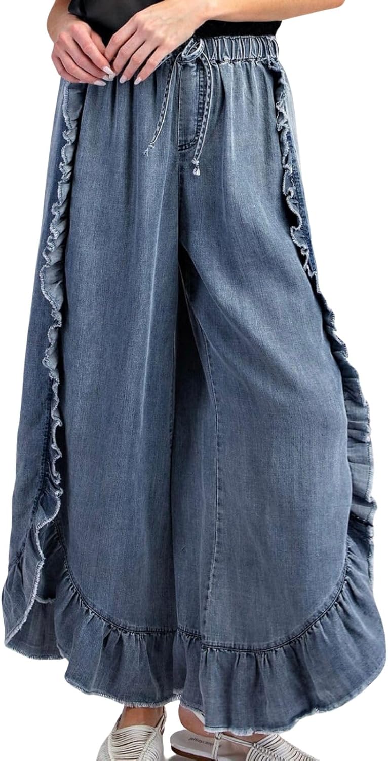 CHARTOU Women Denim Palazzo Pants Jeans Flare Elastic Waist Wide Leg Pants Raw Frayed Hem Jeans Flowy Ruffle Pants
