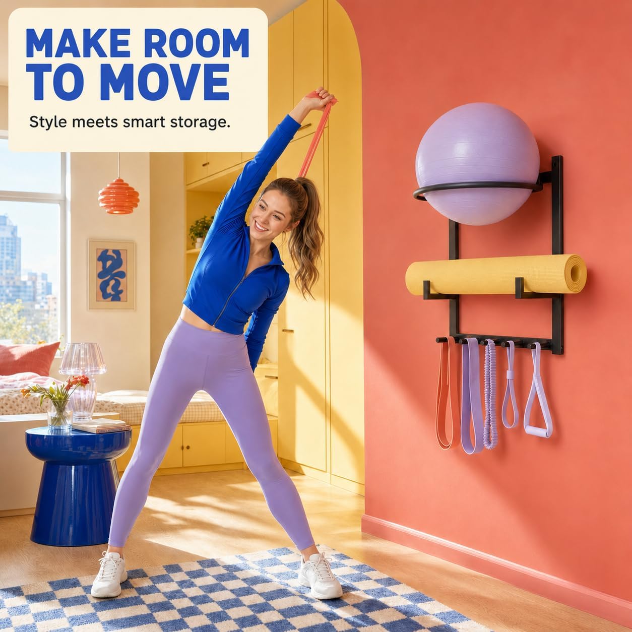 Wall Mounted Yoga Ball Holder and Mat Storage Rack with 5 Hooks