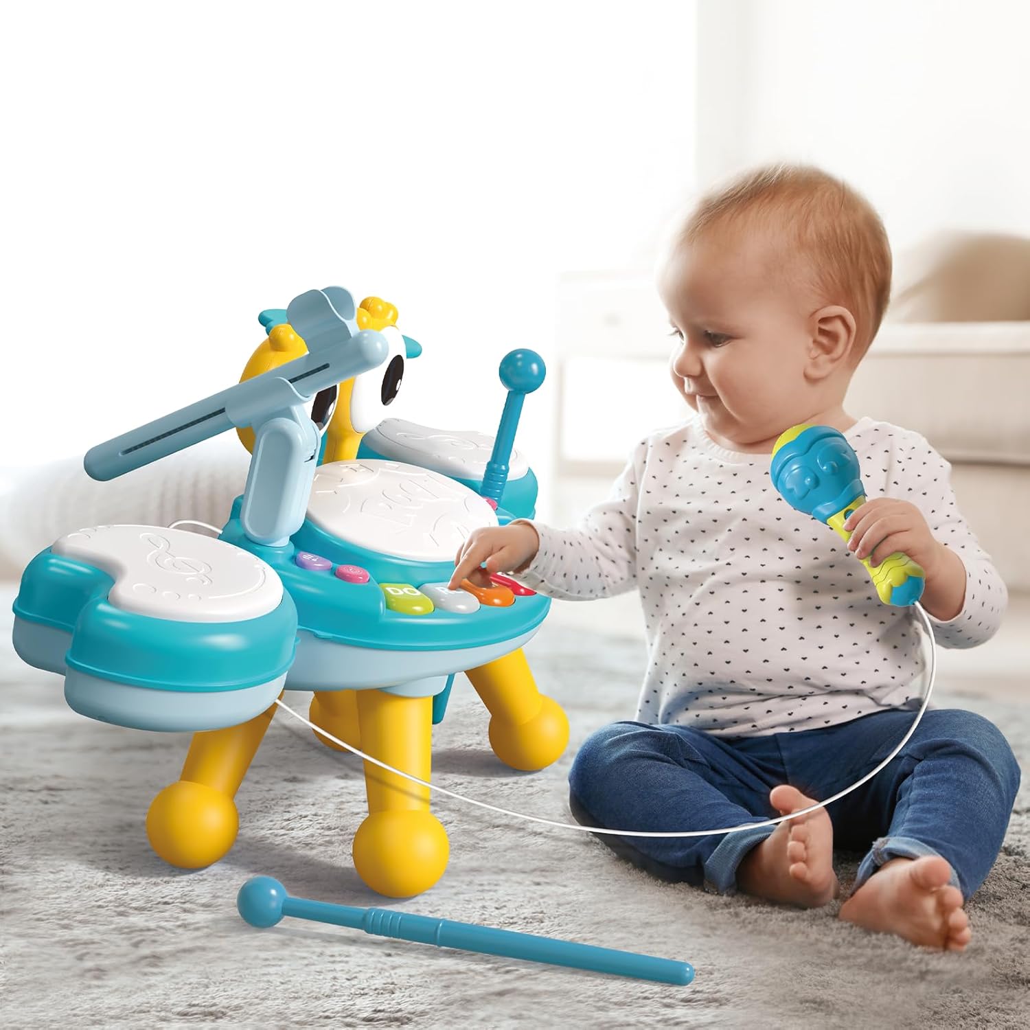 Kids Drum Set for Toddlers 1-3, Baby Drum Set Musical Toys with Light Up Microphone & 2 Sticks, Musical Instruments Montessori Learning Toys for 1 Year Old, Birthday Gift for Boys Girls