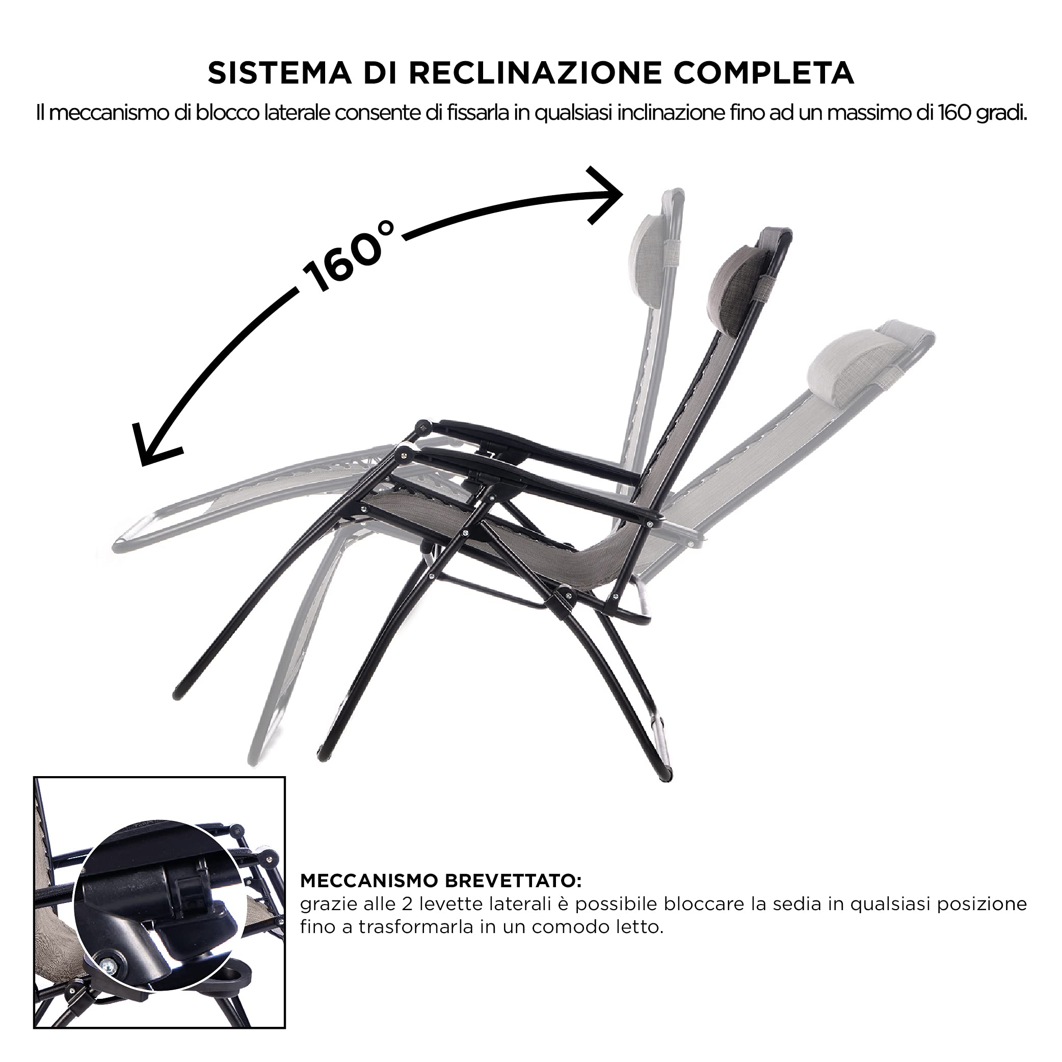 Enrico Coveri Sedia Sdraio Relax Reclinabile Con Cuscino Imbottito E Portaoggetti, Struttura In Textilene E Acciaio Con Tubolare Rinforzato, Perfetta Per Casa e Giardino (Grigio)