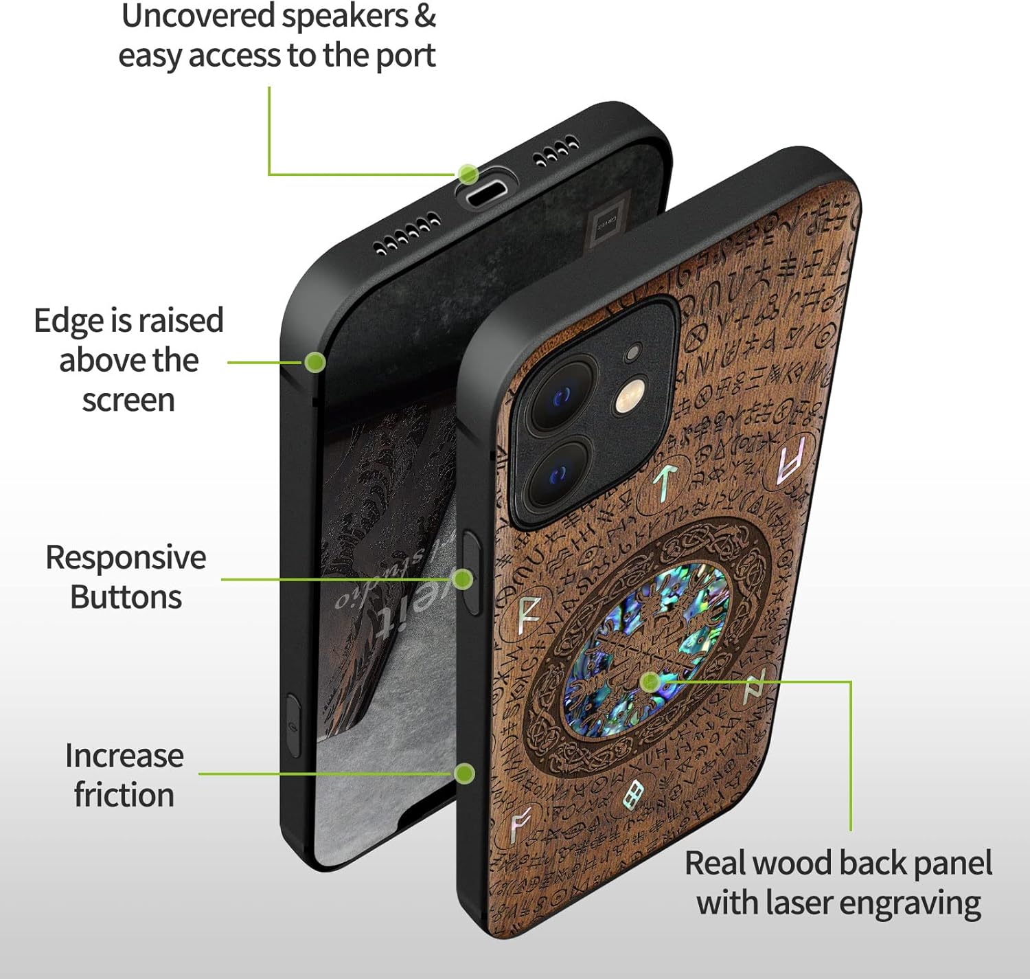 Carveit Designer Wooden Protective Case for iPhone 12 Magnetic Cover [Wood Engraving & Shell Inlay] Wood Phone Case Compatible with iPhone 12 MagSafe 6.1 Inch (Viking-Walnut)