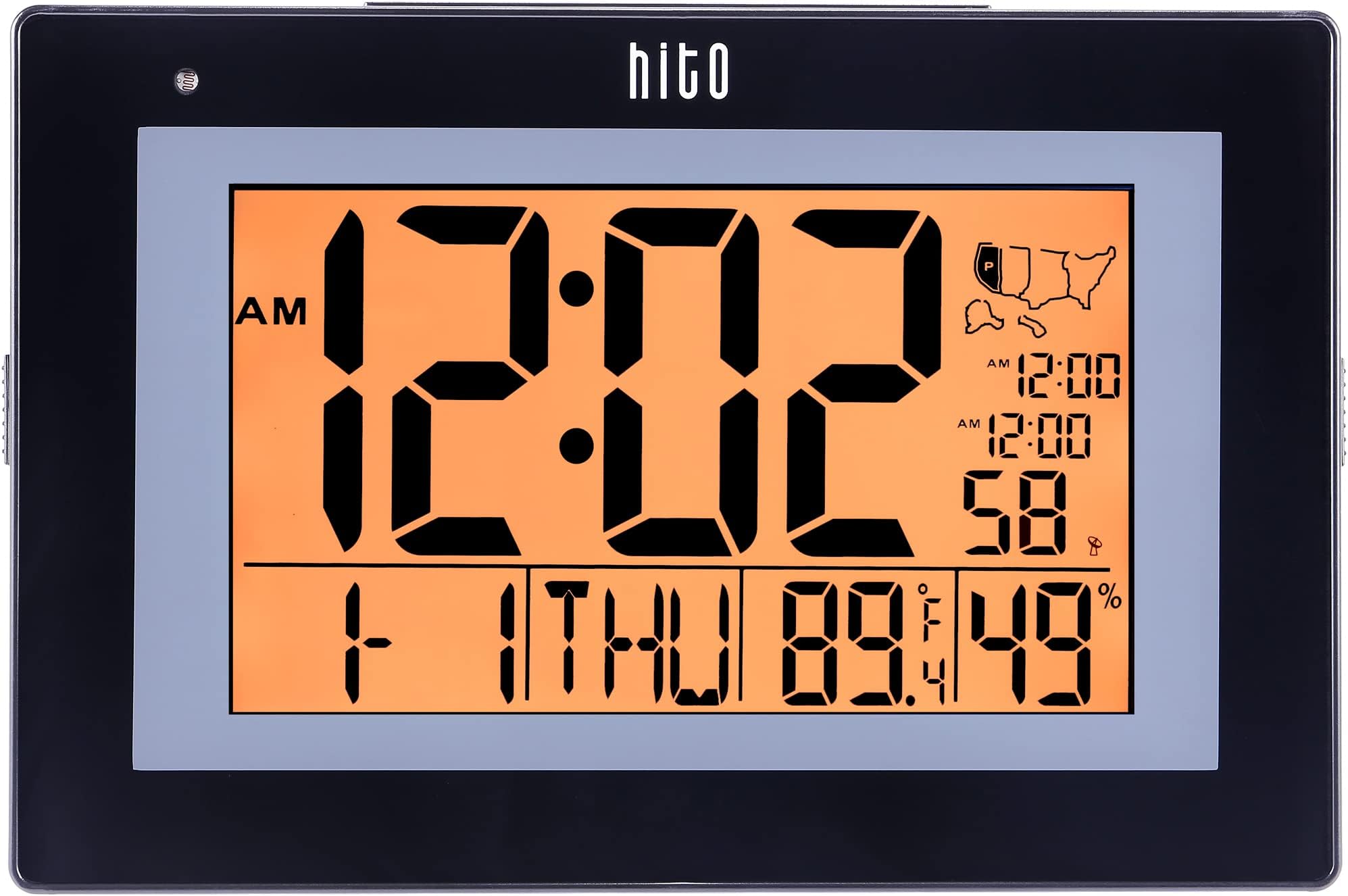 HITO Large Atomic Digital Wall Clock Battery Operated Desk Alarm Clock -Smart Night Light, Display Dimmable, Day Date Indoor Temperature Humidity, Auto DST, for Elderly, Kids, Bedroom, Office