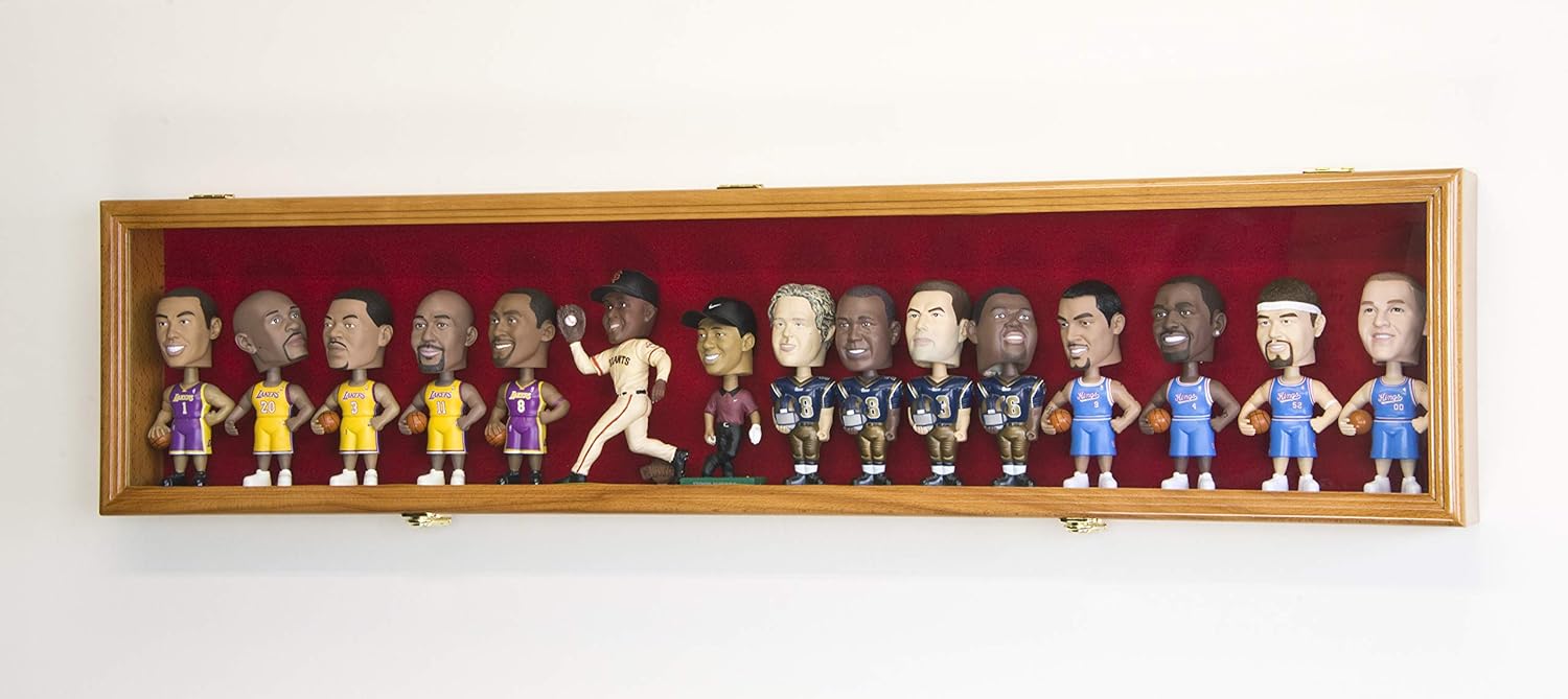sfDisplay.com,LLC. Horizontal Bobble Head Action Figures Doll Display Case Cabinet Wall Rack - Lockable (Oak Wood Finish, Black Felt Background)