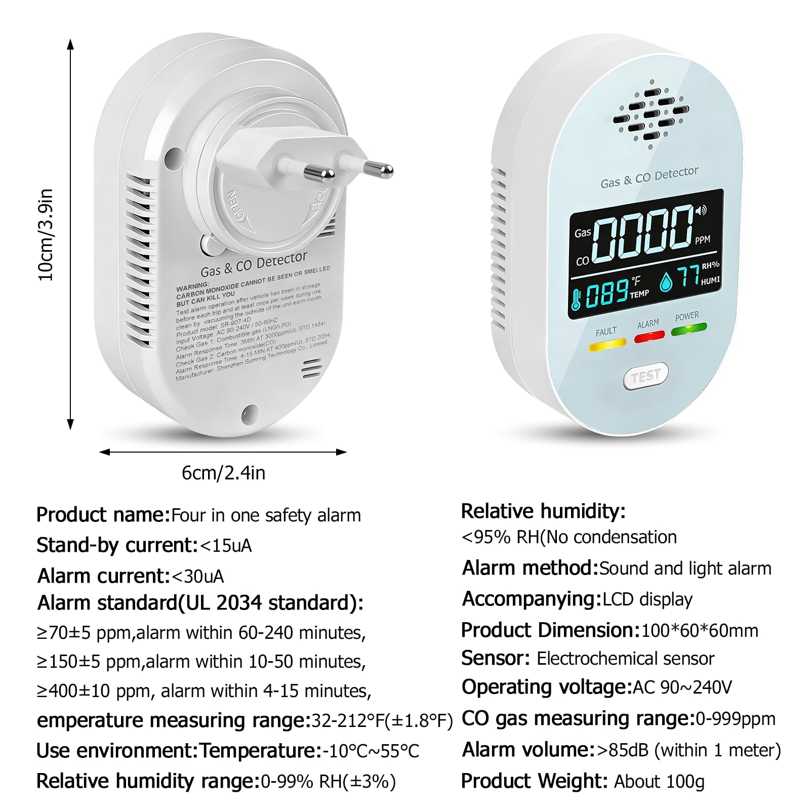 4 in 1 sensore di temperatura e umidità, termometro d'atmosfera con allarme acustico, LCD digitale igrometro Digitale per Interni, termometro igrometro per interni con schermo HD e display - Bianco
