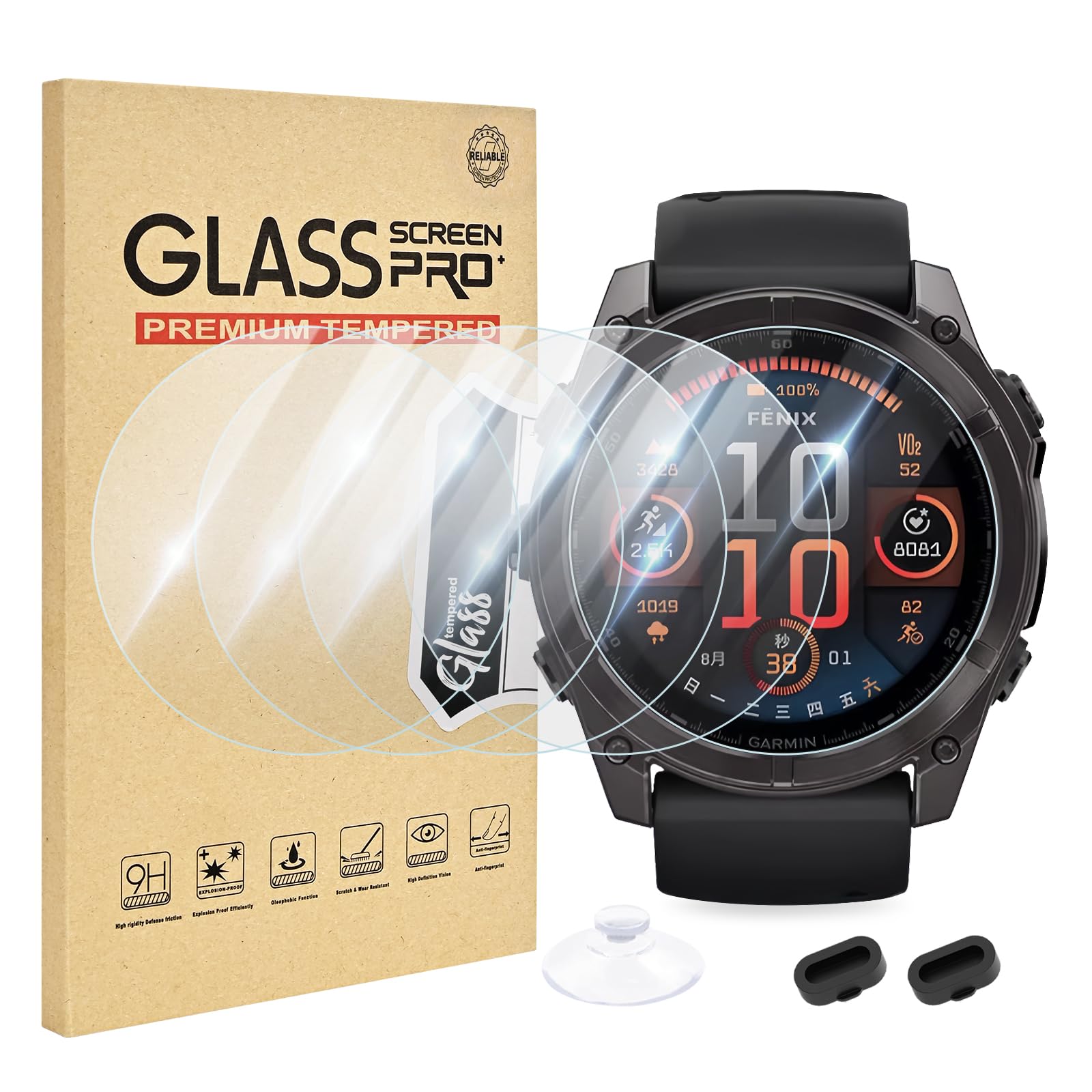 5 Pack Compatible for Garmin Fenix 8 Amoled 51mm Screen Protector, Charger Port + HD Clear 9H Hard Tempered Glass Protective Film, Anti-Scratch & High Sensitive & Bubble Free