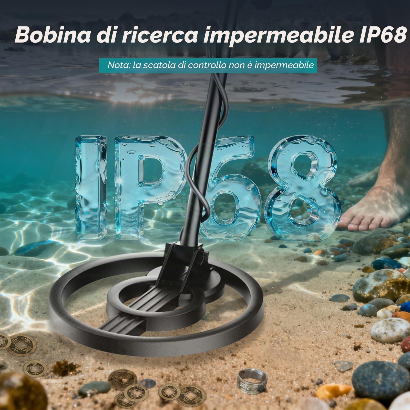 Metal Detector Professionale con Display LCD, Lunghezza Regolabile 106-121 cm, metaldetector professionale con funzione Pinpoint, Bobina Impermeabile IP68 per la caccia al tesoro in spiaggia