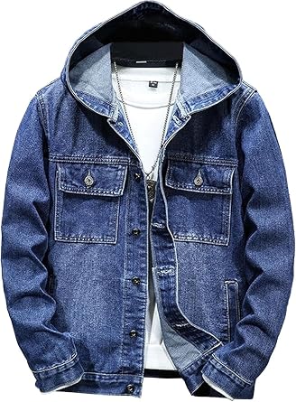 Hoodie Jean Jacket for Men Long Sleeve Slim Fit Casual Denim Jacket Distressed Trucker Outwear with Hood