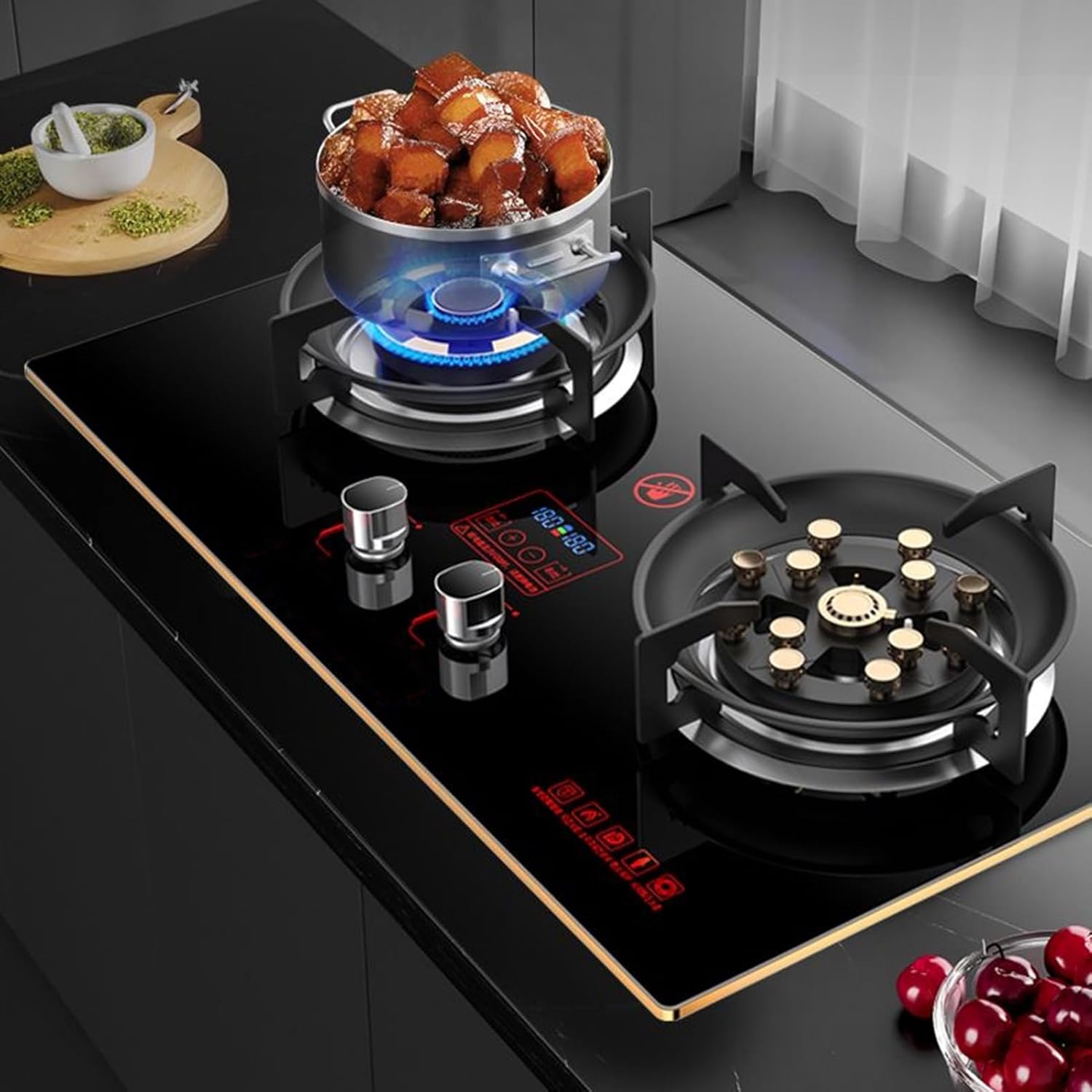 2 Burner Gas Stove,7.6KW 13-cavity High-Power Hob,Bilateral Independent Timers,with Tempered Glass Panel and Flame Failure Protection(LPG)