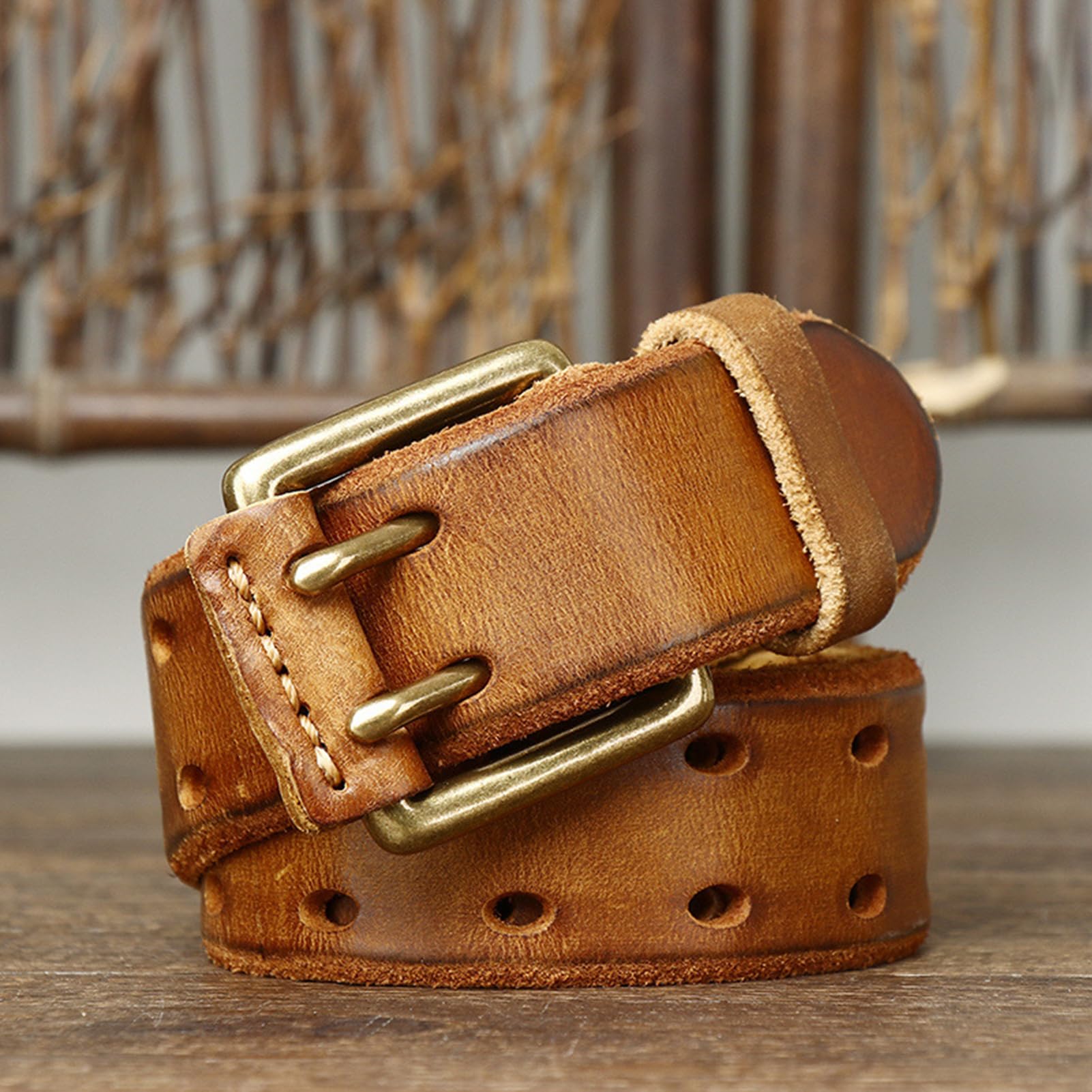 Cintura in Pelle Fibbia A Due Punte con Fibbia A Rullo in Pelle,Cinghia da Lavoro O Casual Cinture con Fori per Impieghi Gravosi(120cm/47, Brown)
