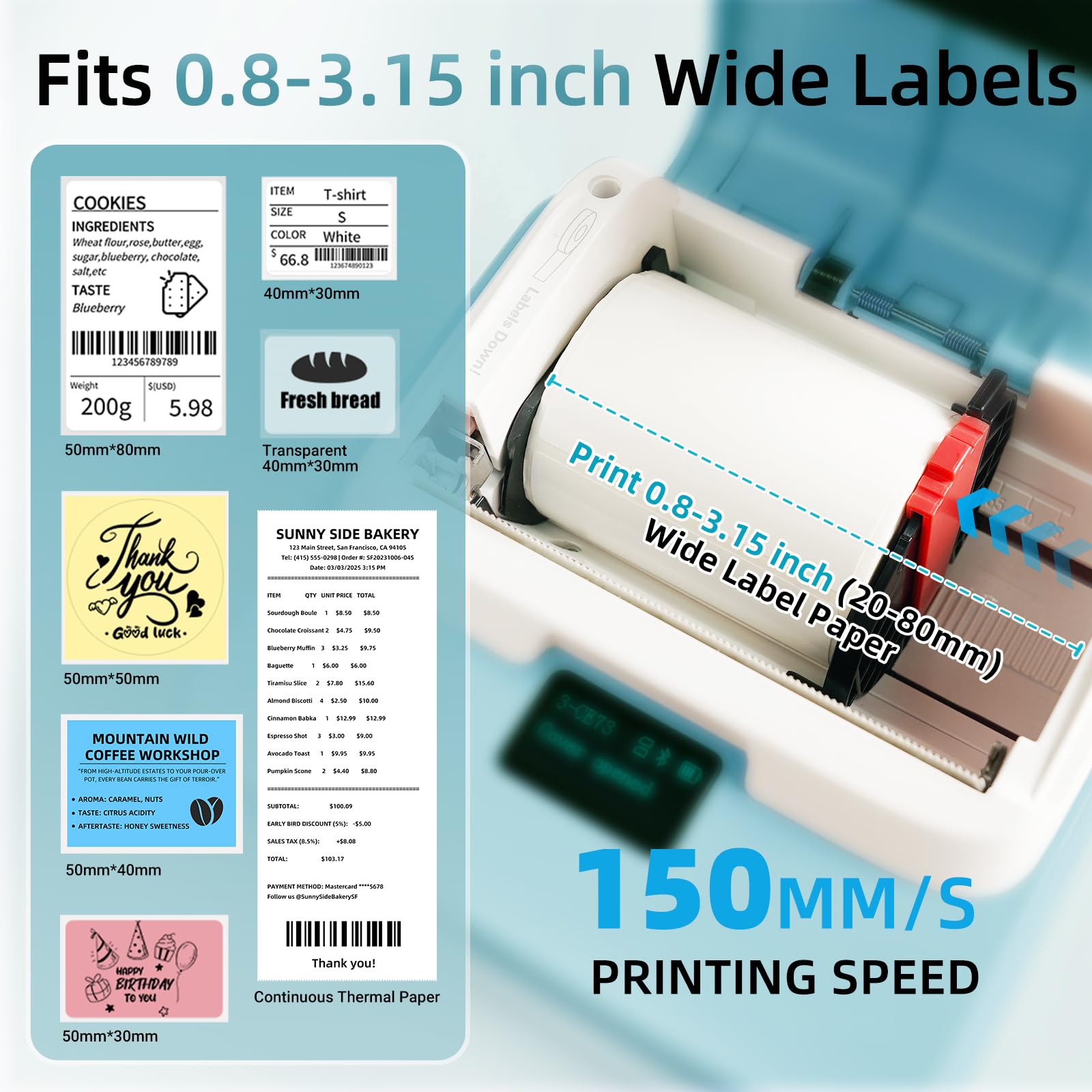 ORGSTA T003 Stampante Etichettatrice Etichette Termica Adesive Bluetooth & USB 2200 mAh 50mm/s 20-80 mm Portatile Label Printer per Negozio Personalizzate Prezzatrice Barattoli