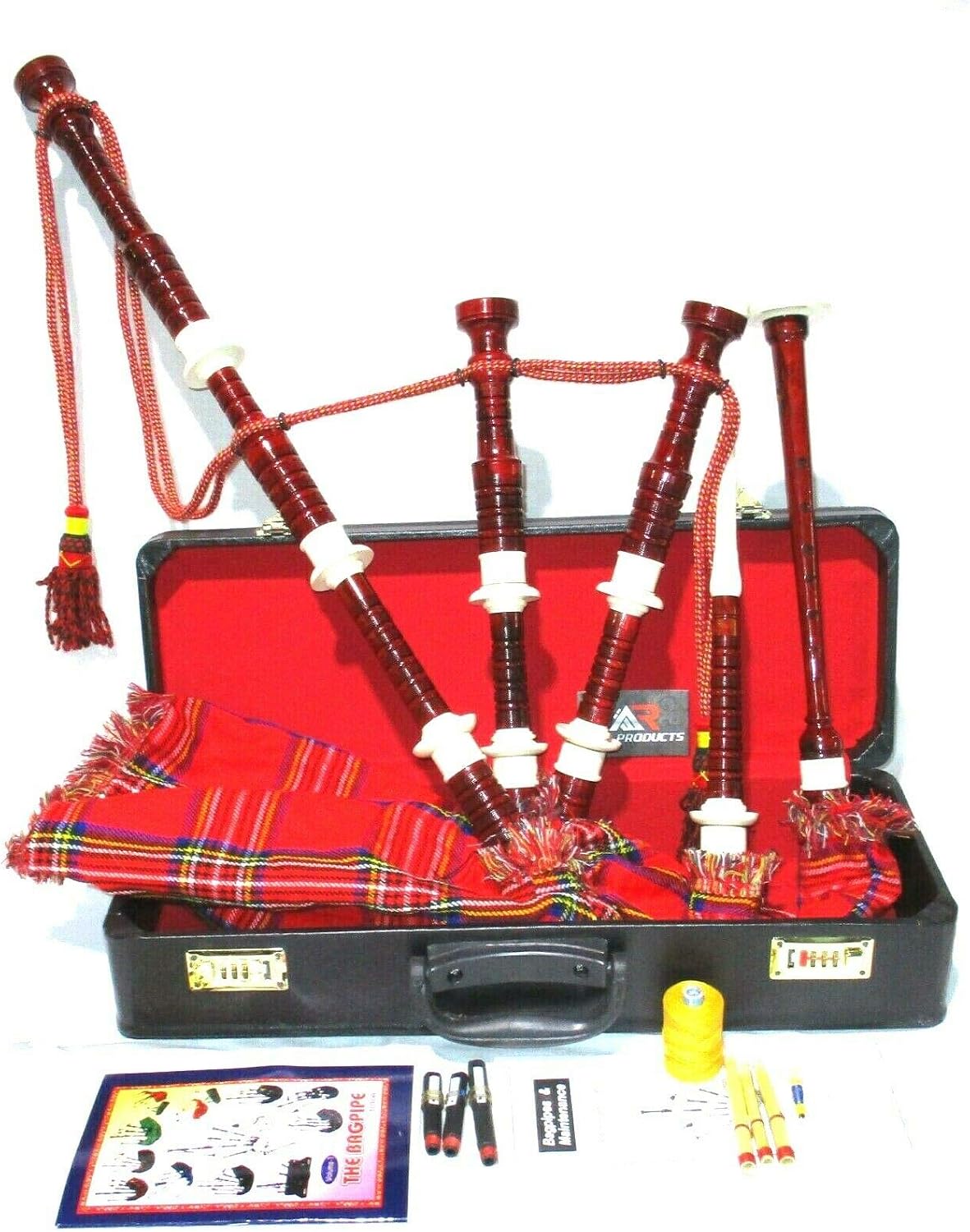 AAR Scottish Great Highland Bagpipes Red Sheesham Wood Finish with Ivory Plastic Mounts full size bag pipes with Tutor Book, and Hard Carry Case