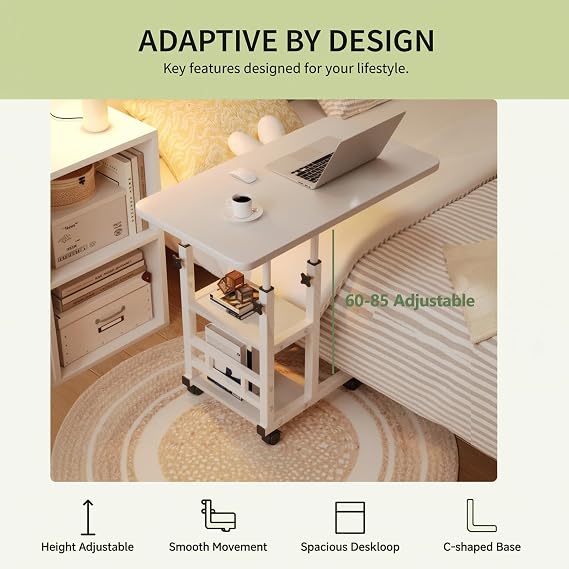 Overbed Table with Wheels, Height Adjustable C Shaped Bed Table for Elderly, Hospital Bedside Laptop Desk with 2 Storage Shelves, Rolling Over Bed Table for Sofa Bedroom Living Room