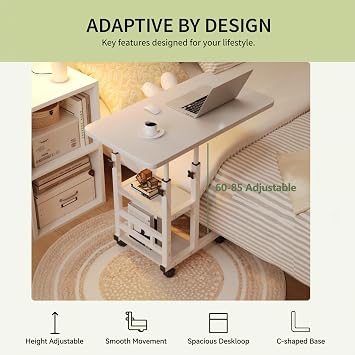 Overbed Table with Wheels, Height Adjustable C Shaped Bed Table for Elderly, Hospital Bedside Laptop Desk with 2 Storage Shelves, Rolling Over Bed Table for Sofa Bedroom Living Room