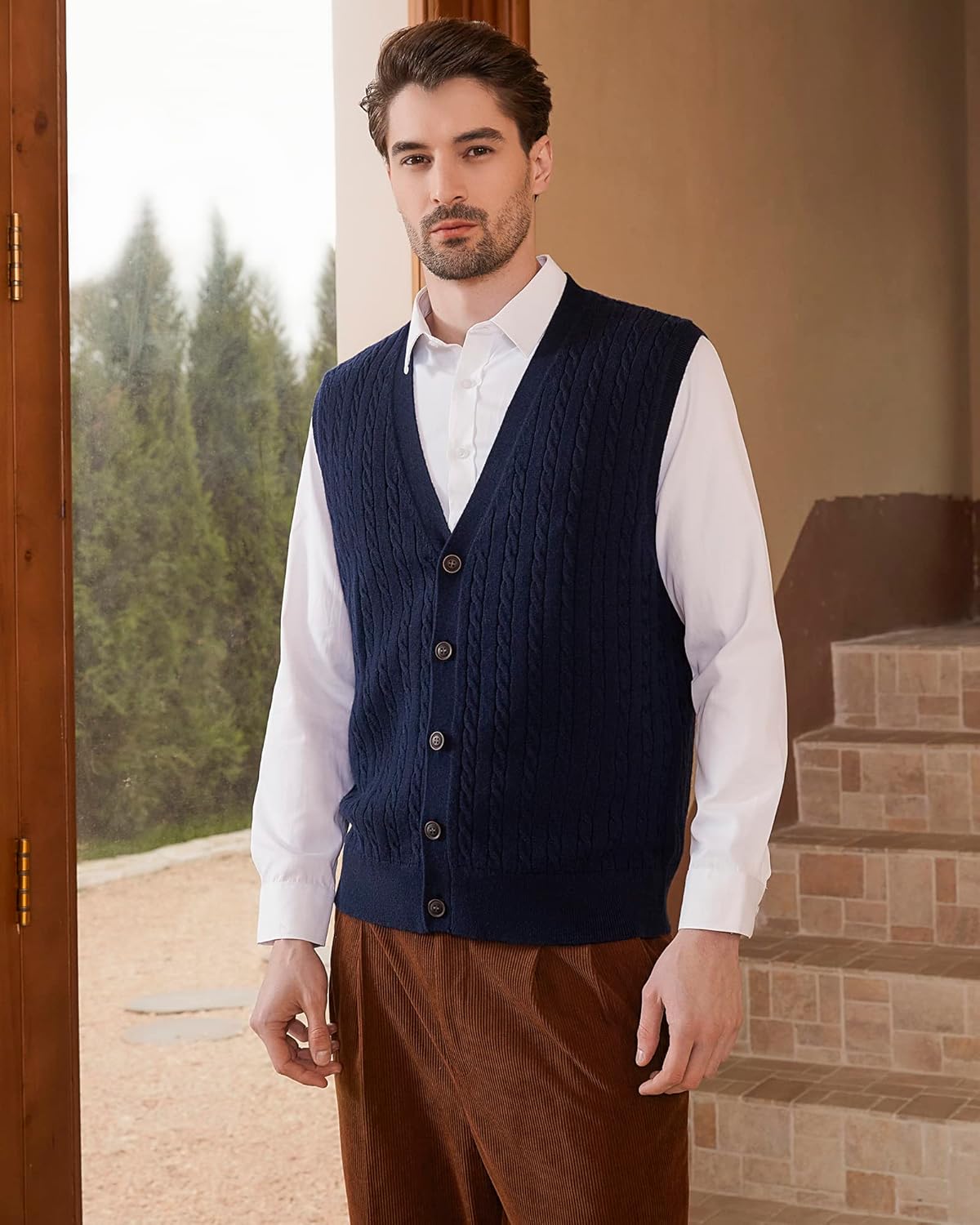 Kallspin Men's Cable Knit Sweater Vest Wool Blend V Neck Button Down Sleeveless Cardigan Vest - Image 2