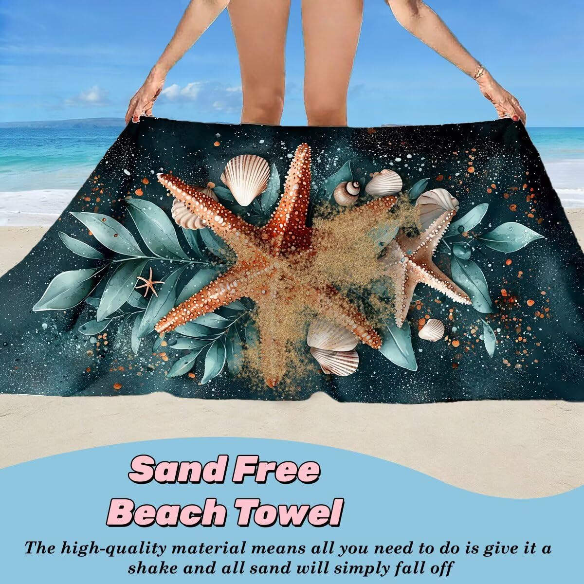 Juego de 2 Toalla Playa Grande 90x200 cm, Secado Rapido Toalla Microfibra Gimnasio, Antiarena Toallas de Playa Estrella de mar, Grande Ligera Compacta Toallas Microfibra Mujer Hombre para Viaje -5014