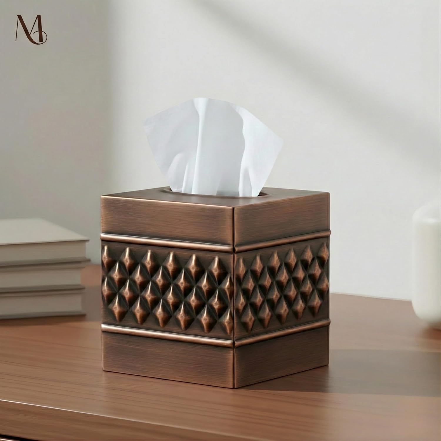 Monarch Abode Tissue Box Cover Square – Handcrafted Geo Embossed Antique Copper Finish Metal Tissue Holder Box for Bathroom Accessory, Aesthetic Decorative Facial Napkin Cube for Modern Home Décor