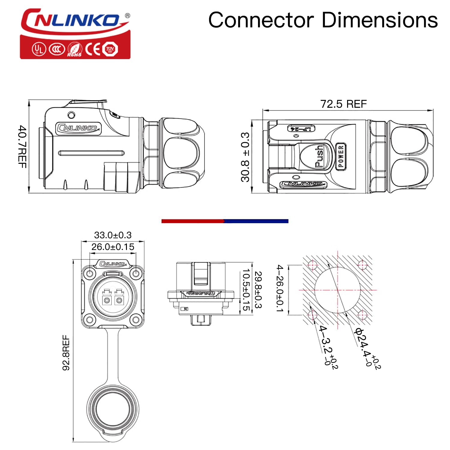 CNLINKO LP-24 Fibre Optique Connecteur, LC Singlemode Dual Core Outdoor Sunlight Resistant Fibre Optic Connector, Panel Mount Receptacle IP68 Airline Plug Waterproof Connector M24 (Fibre Optic Kit)
