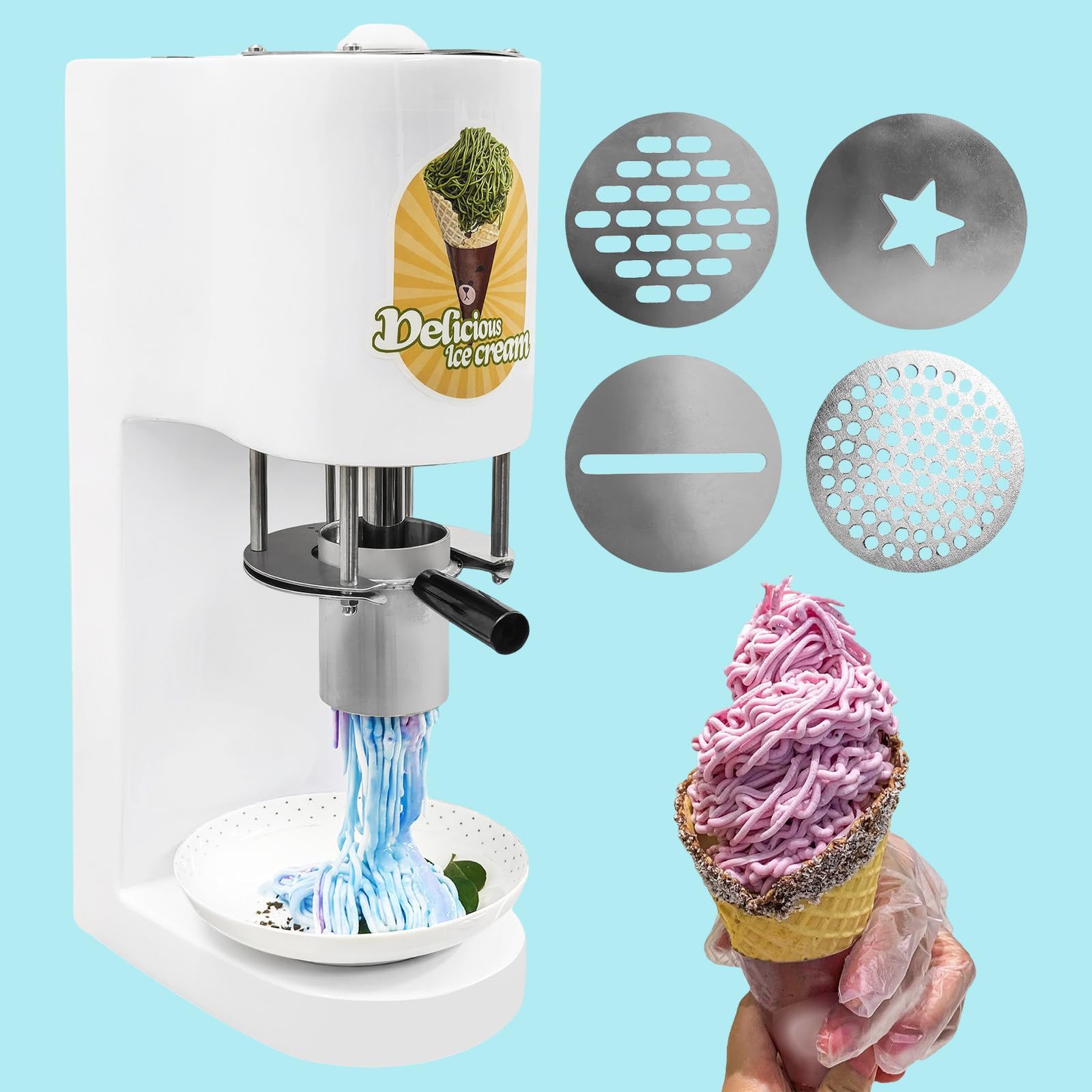 Máquina de espaguetis de helado comercial 28-30L/H, prensa eléctrica de fideos de helado con 4 moldes, máquina de servicio suave de acero sin forma in sin forma para la cocina casera del café, crear p