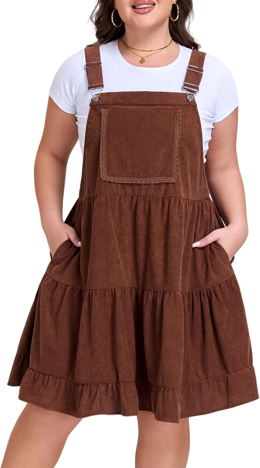 Moon Wood Plus Size Corduroy Overall Dress for Women Casual Loose Jumper Dress A-Line Tiered Short Dress with Pockets