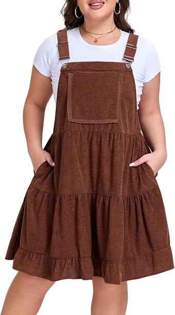 Moon Wood Plus Size Corduroy Overall Dress for Women Casual Loose Jumper Dress A-Line Tiered Short Dress with Pockets