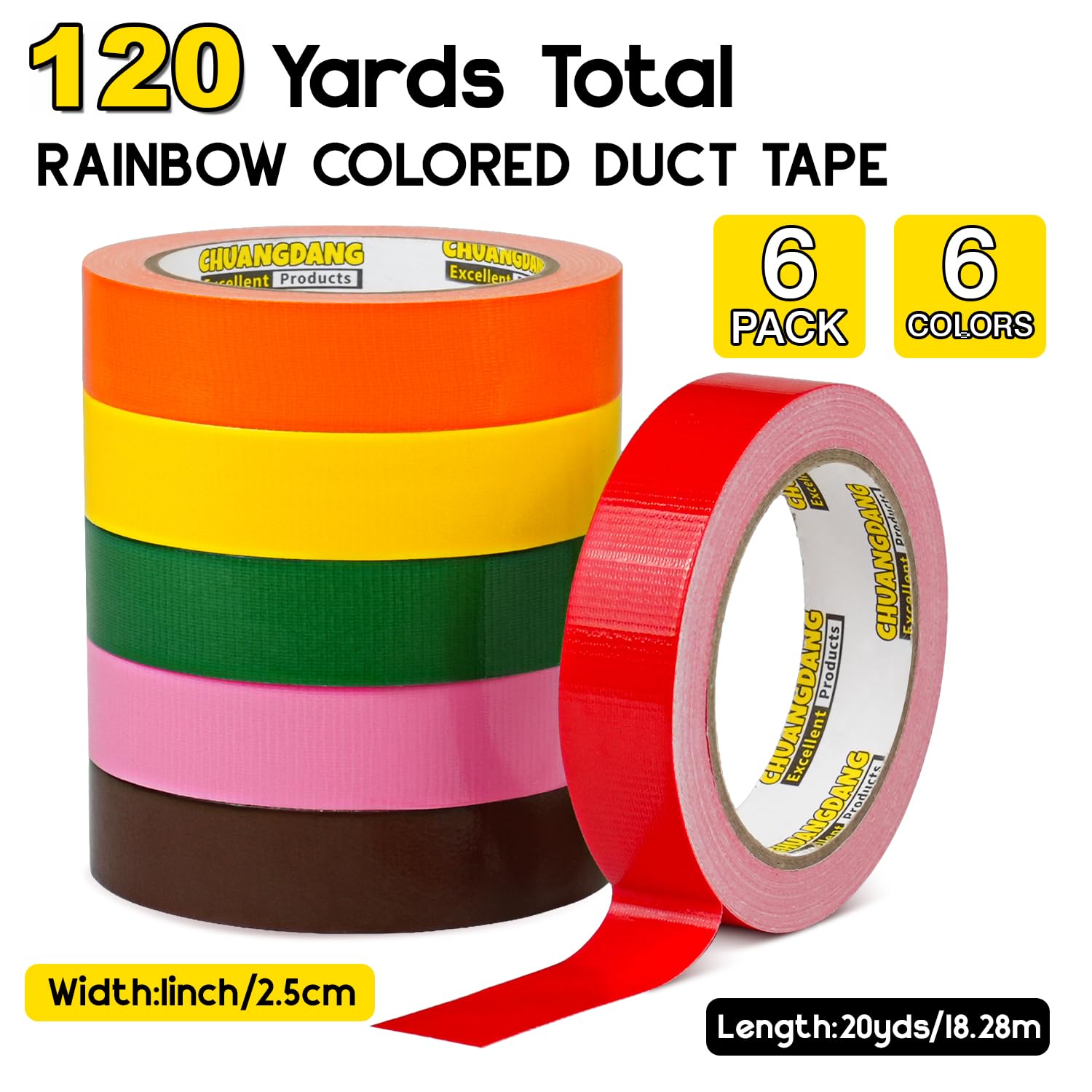 6-Pack Colored Duct Tape,1Inch x 20Yards,Rainbow Duct Tape,Colored Tape image 2