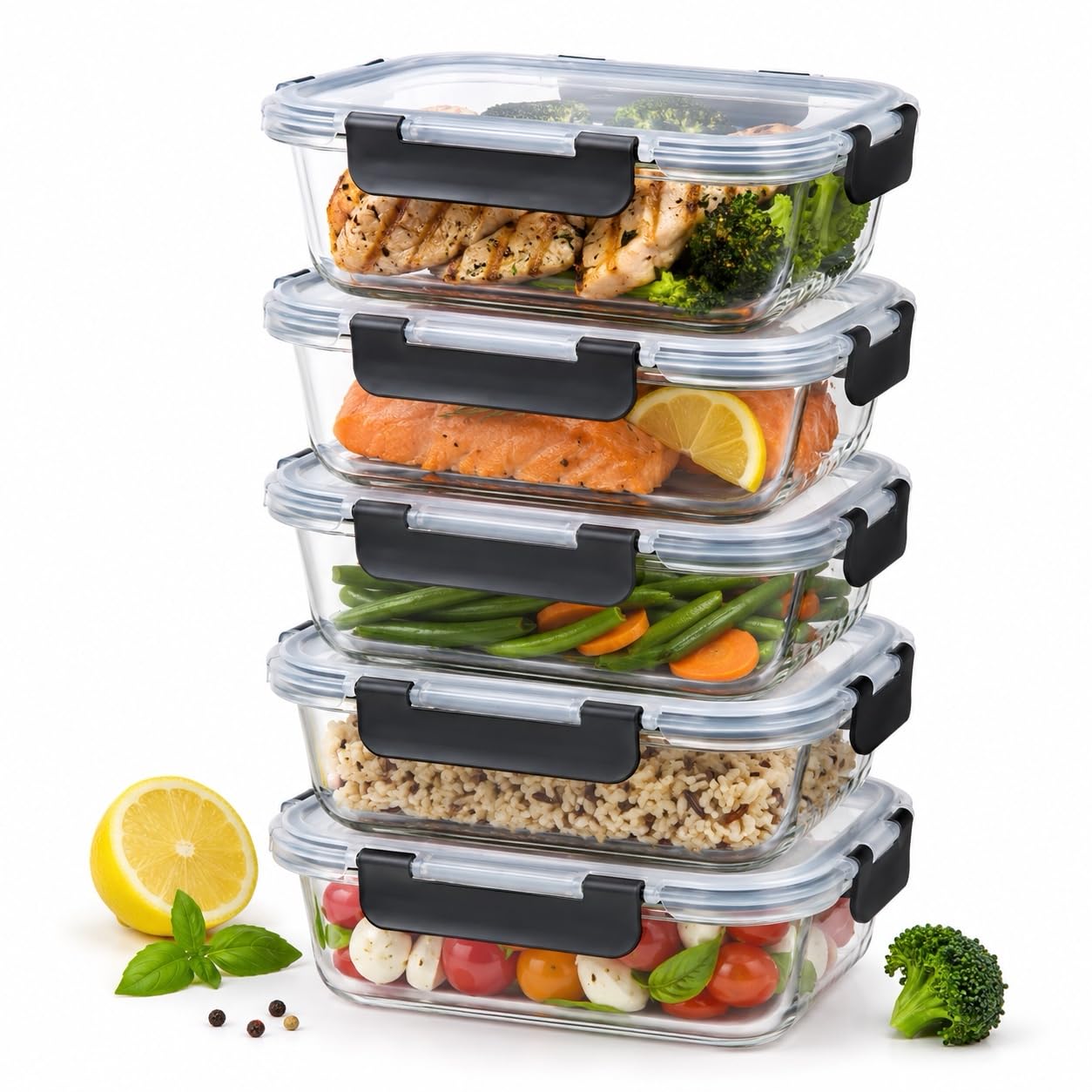 5-Piece Glass Food Storage Container Set with Airtight Lids – Reusable Meal Prep Containers, Leakproof BPA-Free Glass Tupperware for Kitchen, Lunch & Leftovers