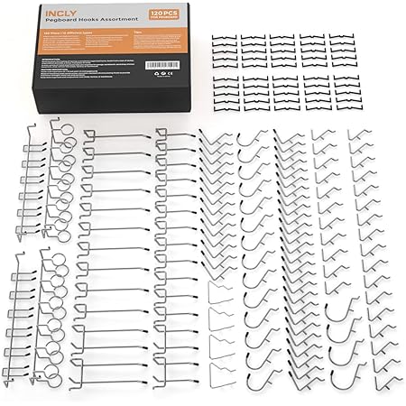 Incly Pegboard Hooks Set Heavy Duty Hanging Hook Tools Holder Fit 1/4 1/8 Inch for Craft Assortment Garage Organizer Bins Attacchment Peg Board Accessories