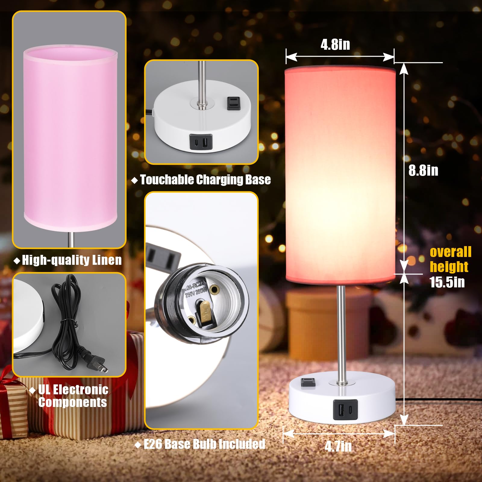 Tischlampe mit USB-Anschluss, Schreibtischlampe, Touch-Lampe, Nachttischlampen für Schlafzimmer, 3-Fach Dimmbar Kleine Lampen für Rosa und Weiß