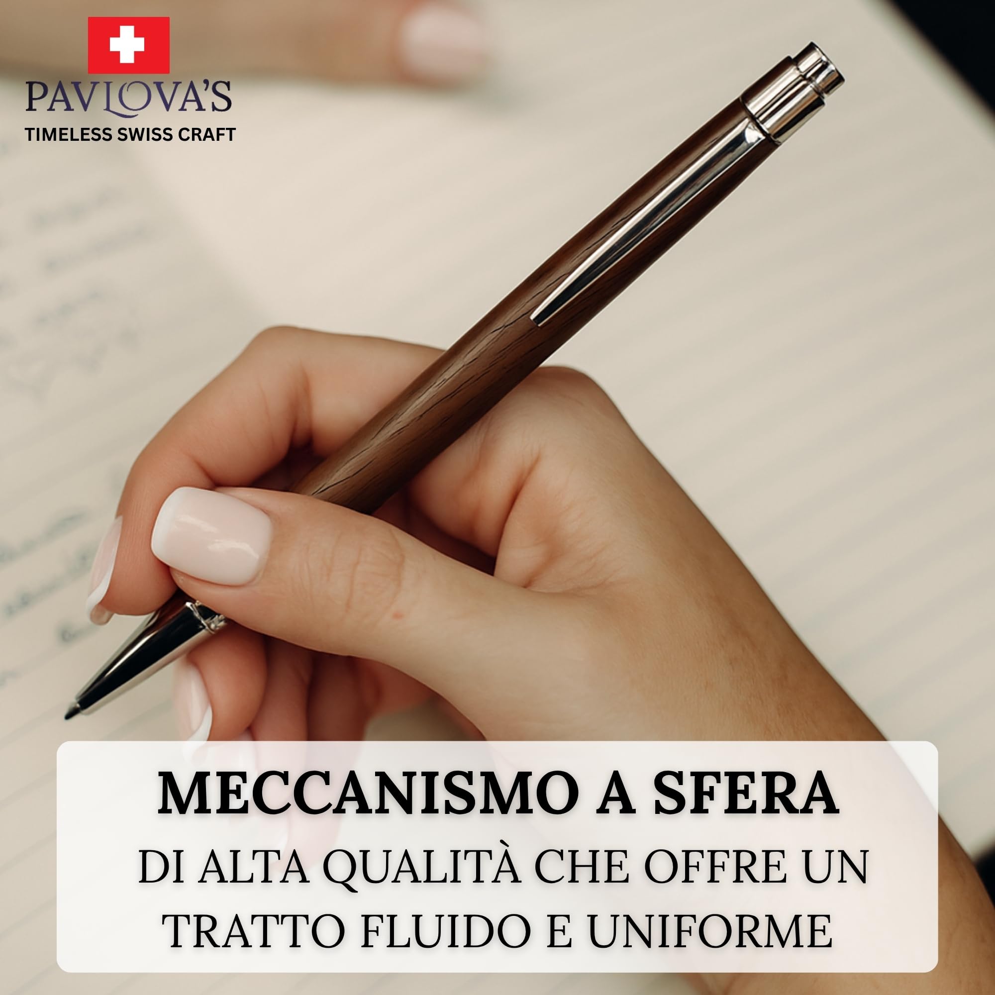 PAVLOVA'S Penna a Sfera in Noce e Acciaio Inossidabile – Artigianale Svizzera – Design Ergonomico – Confezione Regalo – Mina Nera e Ricambio Blu – Garanzia 10 Anni – Edizione Limitata