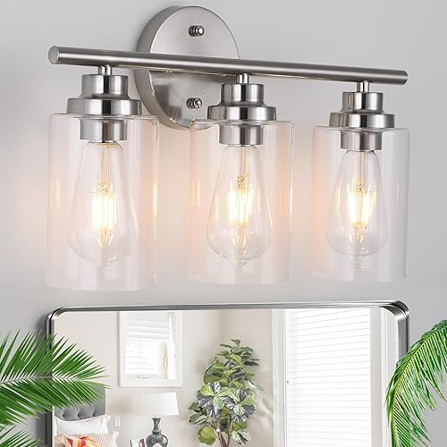 Lámpara de baño de 3 luces, lámpara de tocador moderna de níquel cepillado con pantalla de vidrio transparente, accesorios de iluminación de baño