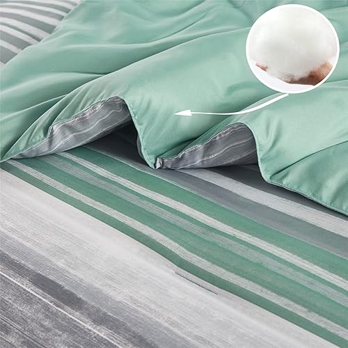 Miniatura 7 de KAKIJUMN Juego de edredón de 7 piezas en una bolsa a rayas, tamaño King, juego de edredón y sábanas a rayas de retazos blanco, gris, verde salvia,
