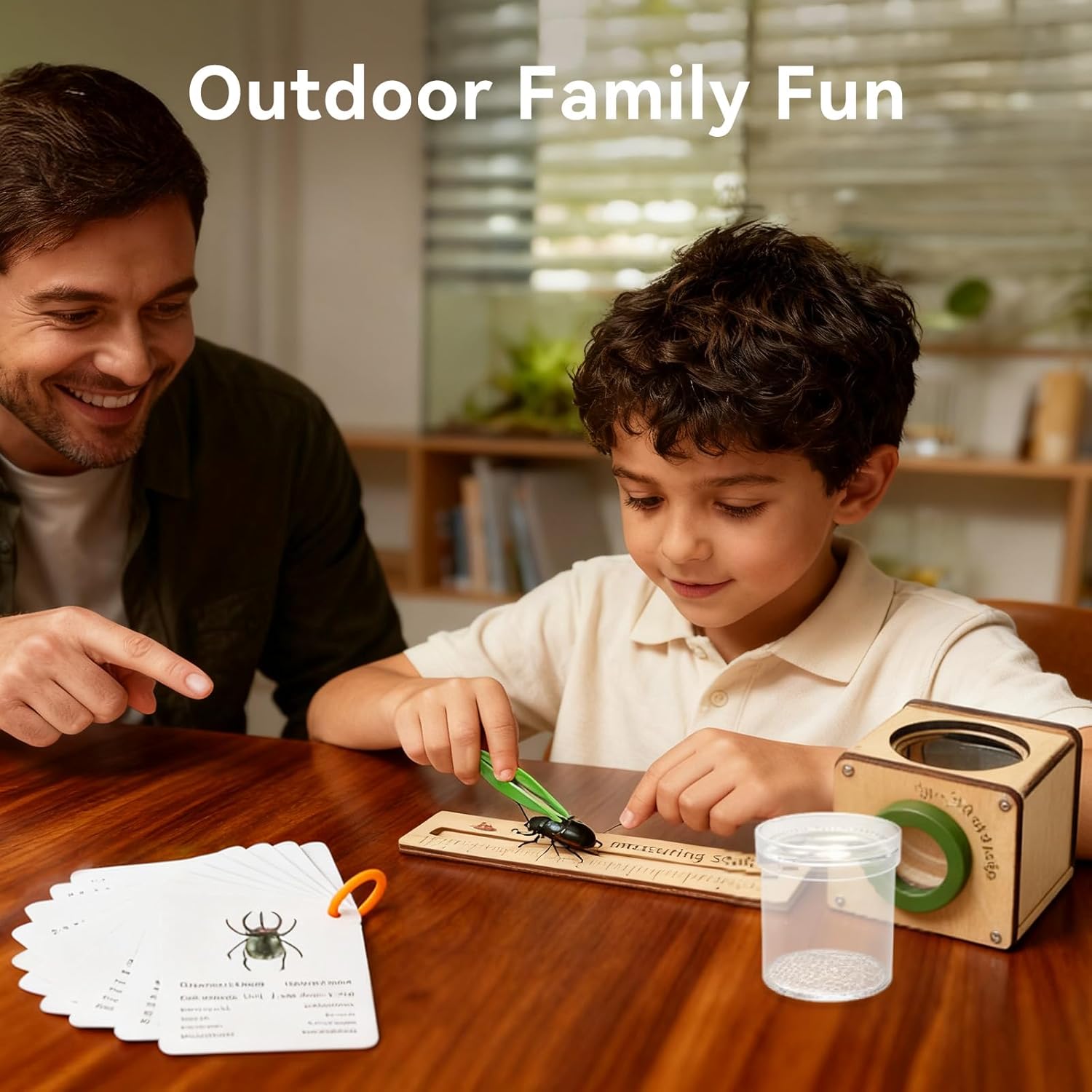 Wooden Bug Catcher for Kids, Tri-View Bug Viewer Kit, Top & Bottom Magnifiers, Insect Observation Container with Tweezers, Ruler & 10 Insect Cards, STEM Outdoor Explorer Toy