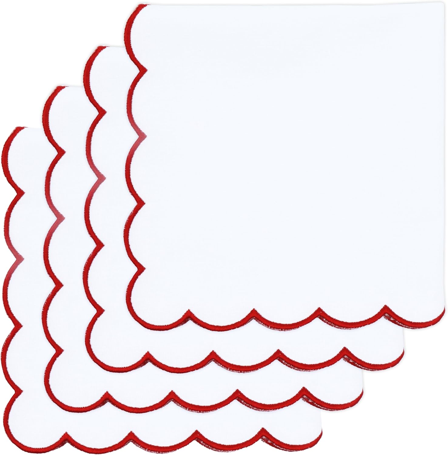 PurpleEssences Scalloped Embroidery Cloth Napkins Christmas Holiday Winter Table Decor 100% Cotton Set of 4-18 x 18 inch - White - Edges - Red 18" x 18" (Set of 4) White(edges- Red)