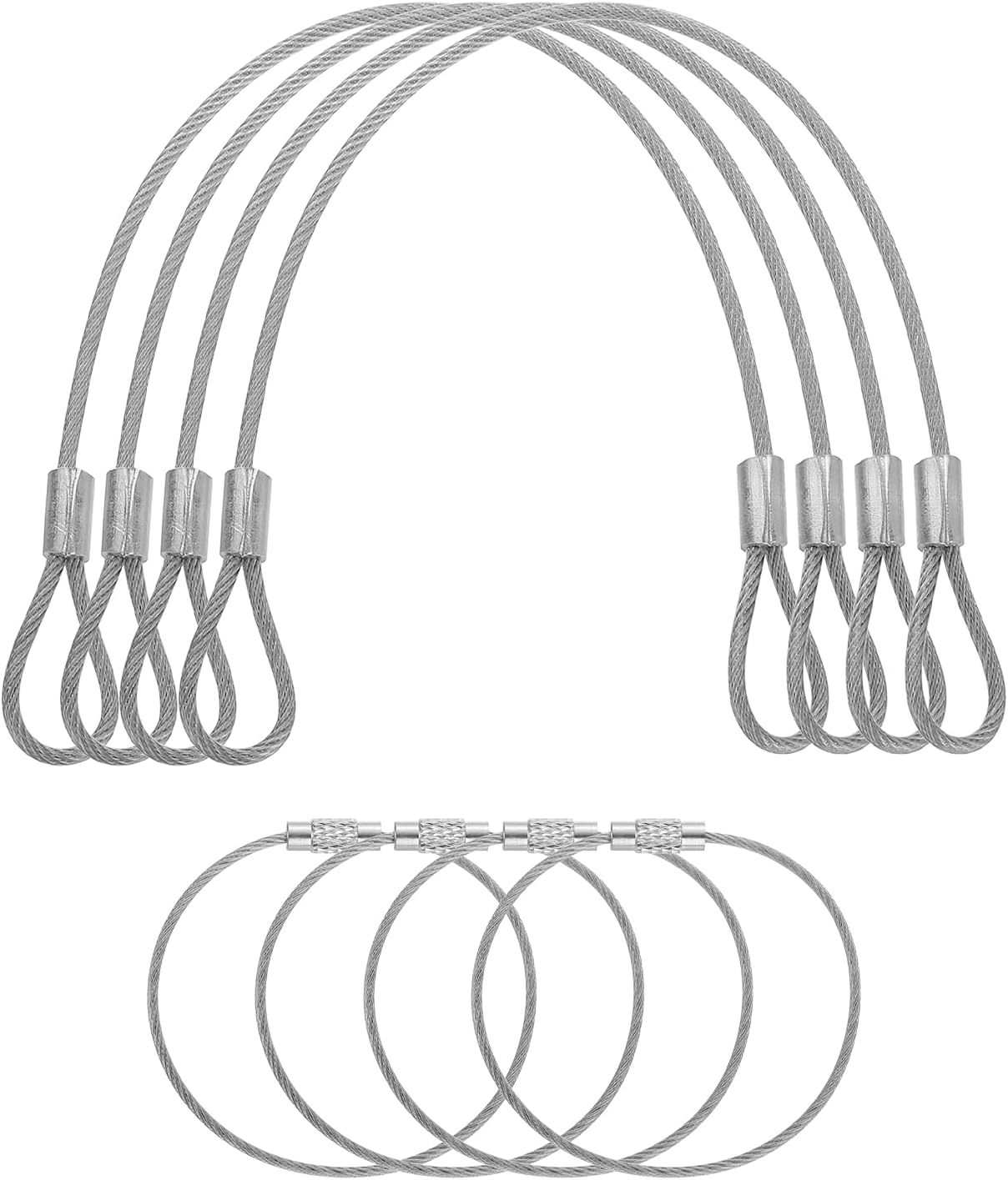 4 Set Double Loop Security Cable Lock (0.66 ft X0.08'') + Keychain Cable, Silver